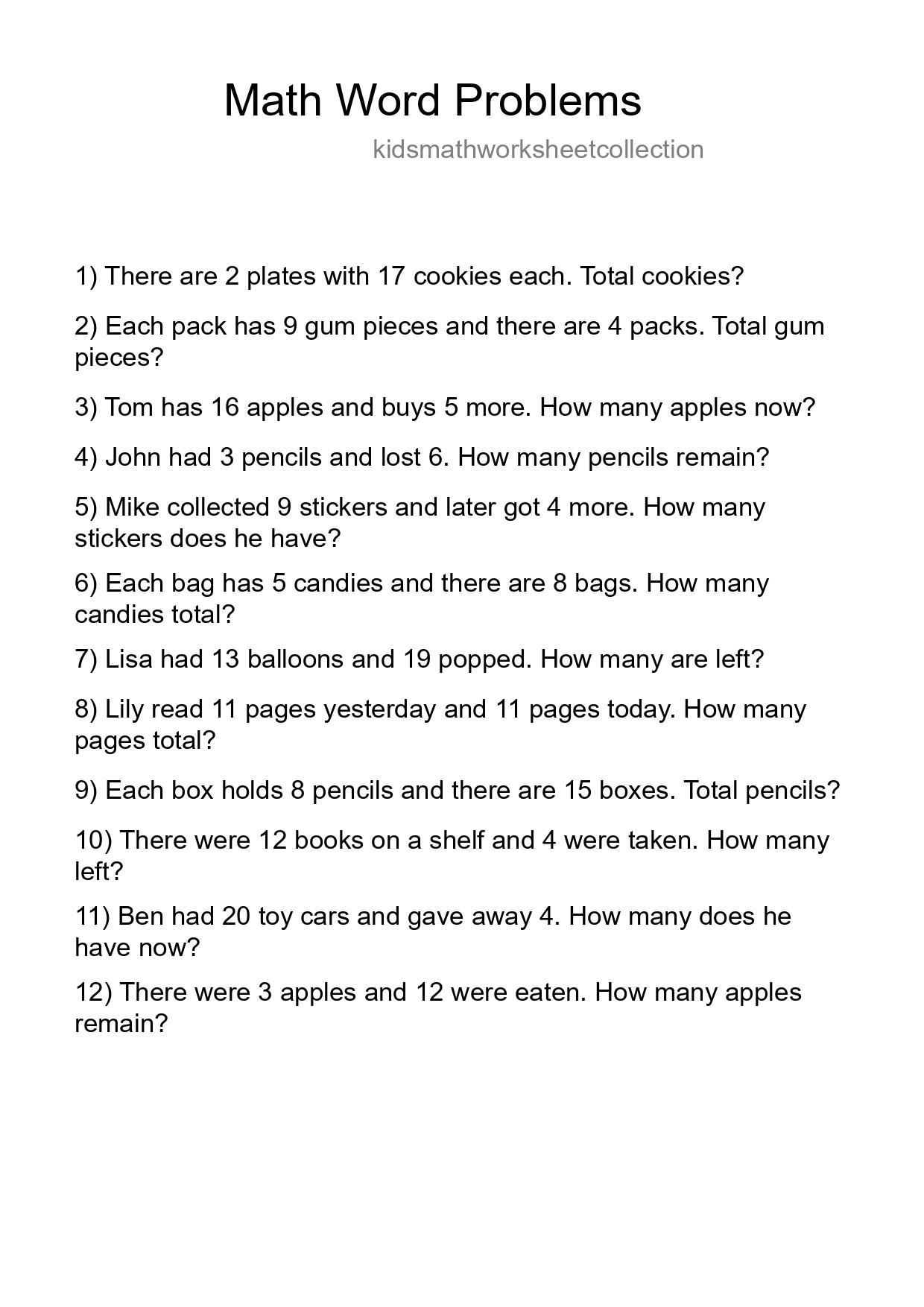 Math Word Problem Worksheet