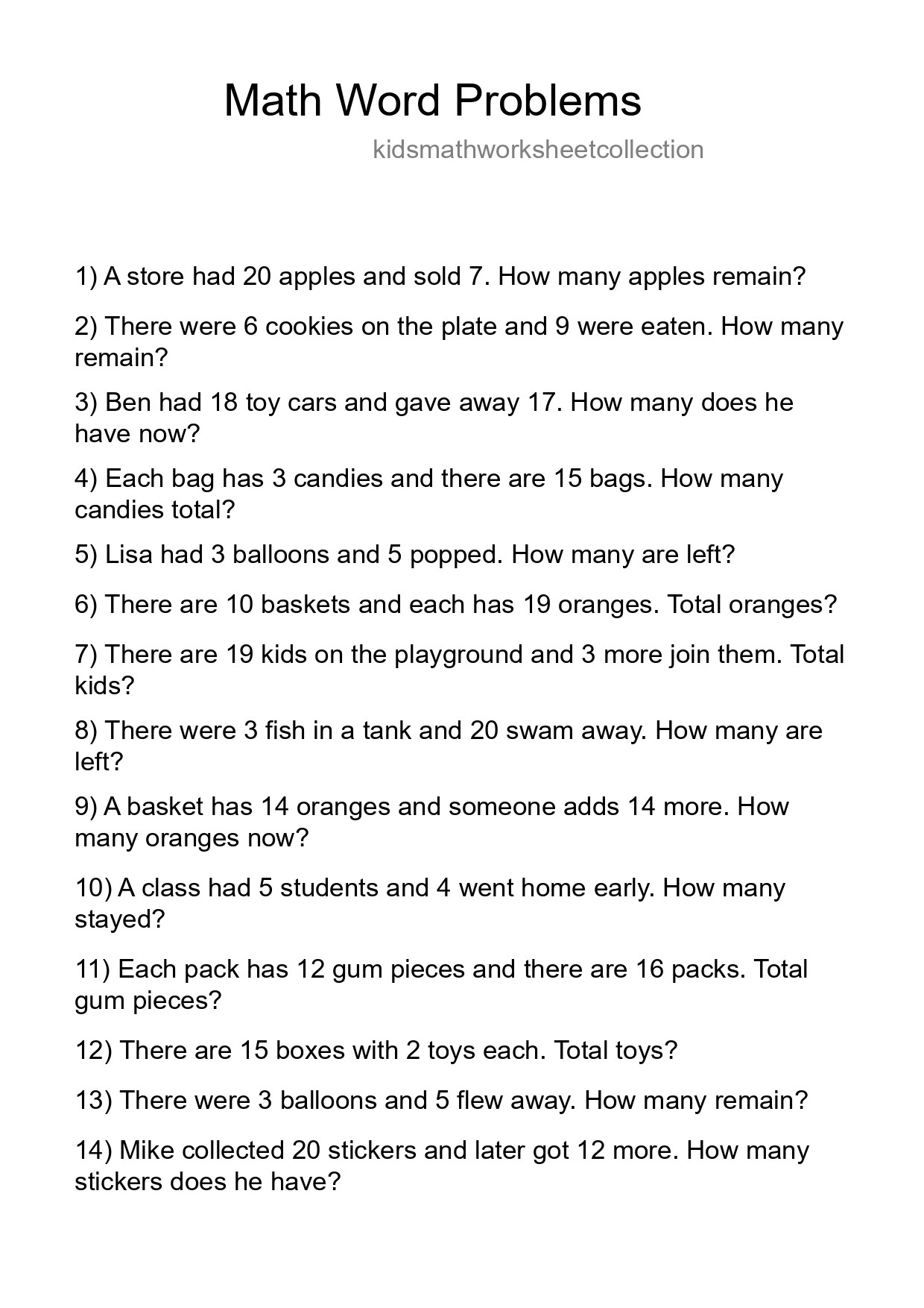 Math Word Problem Worksheet
