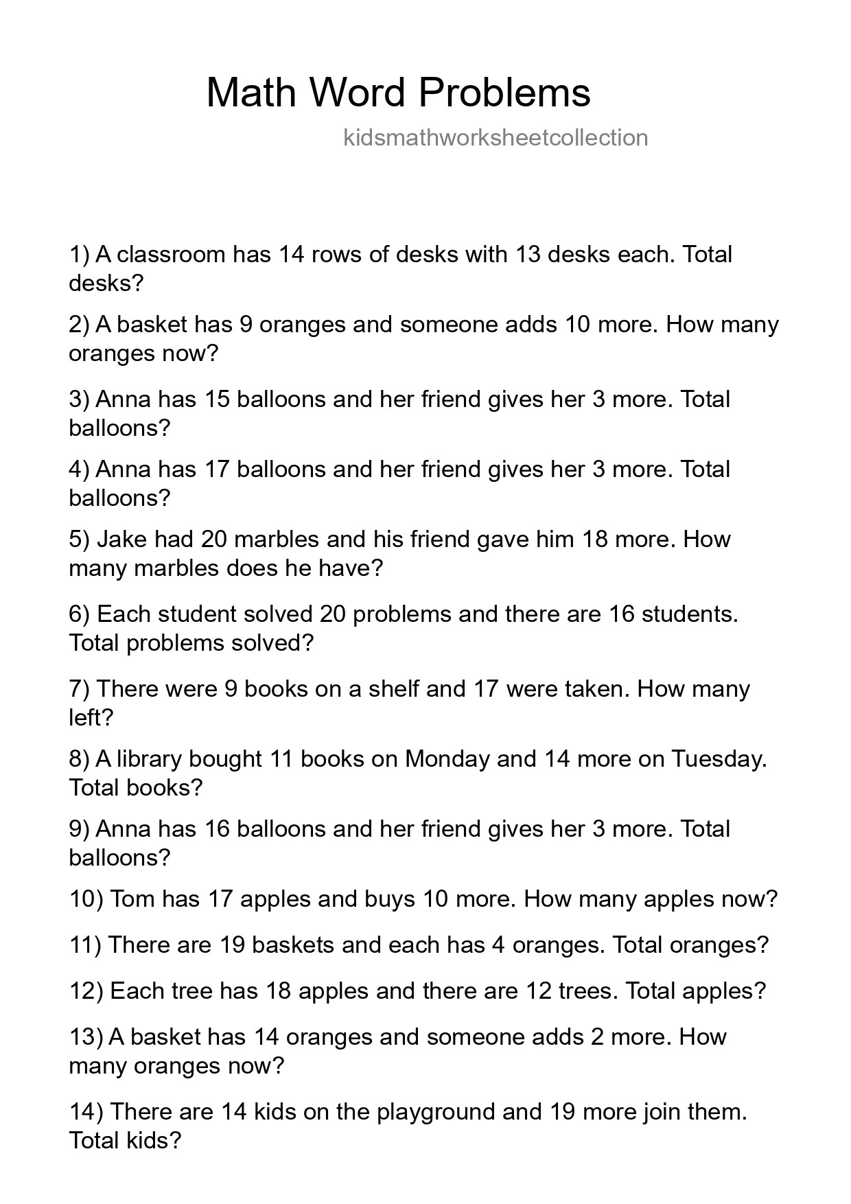 Math Word Problem Worksheet