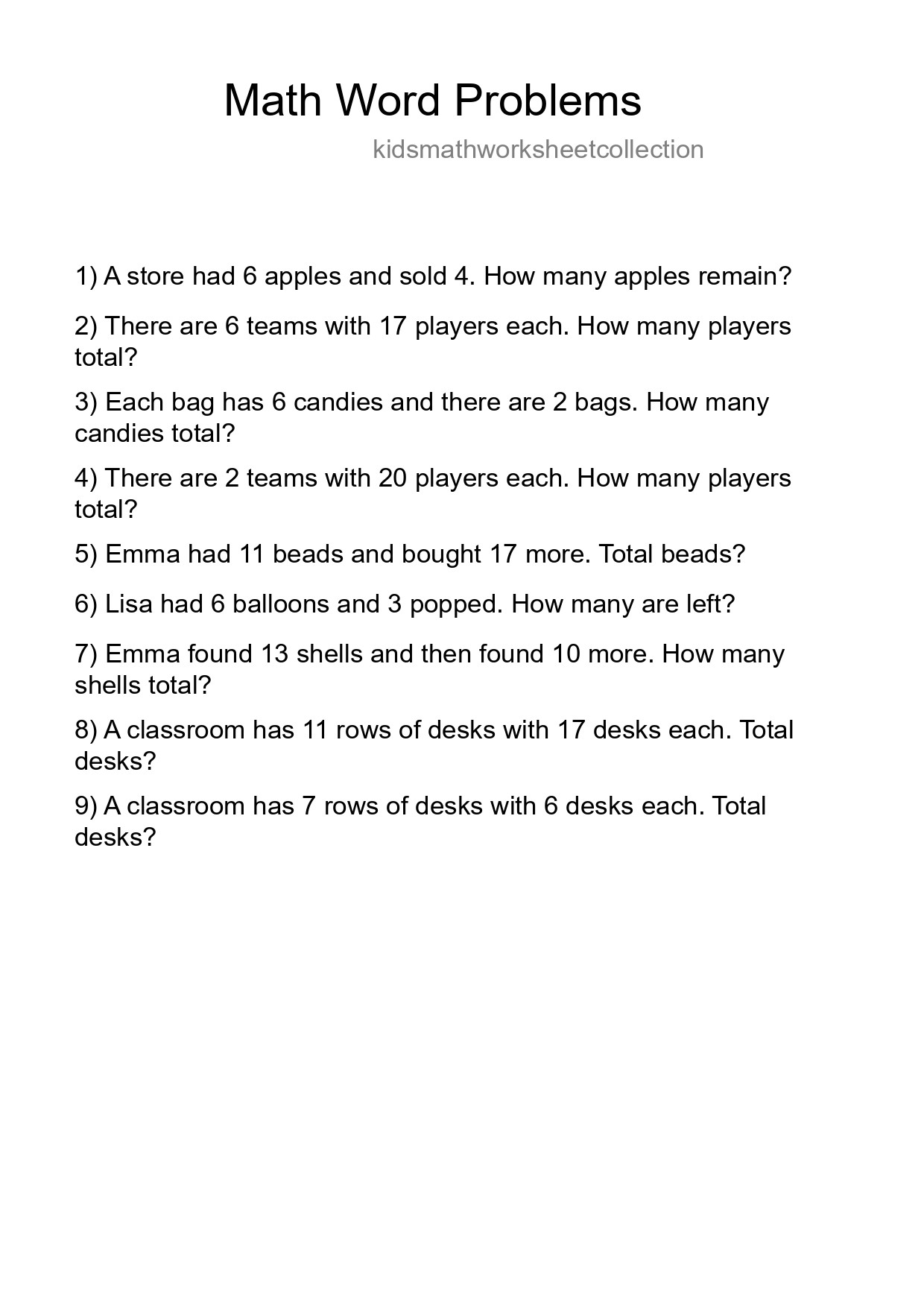 Math Word Problem Worksheet