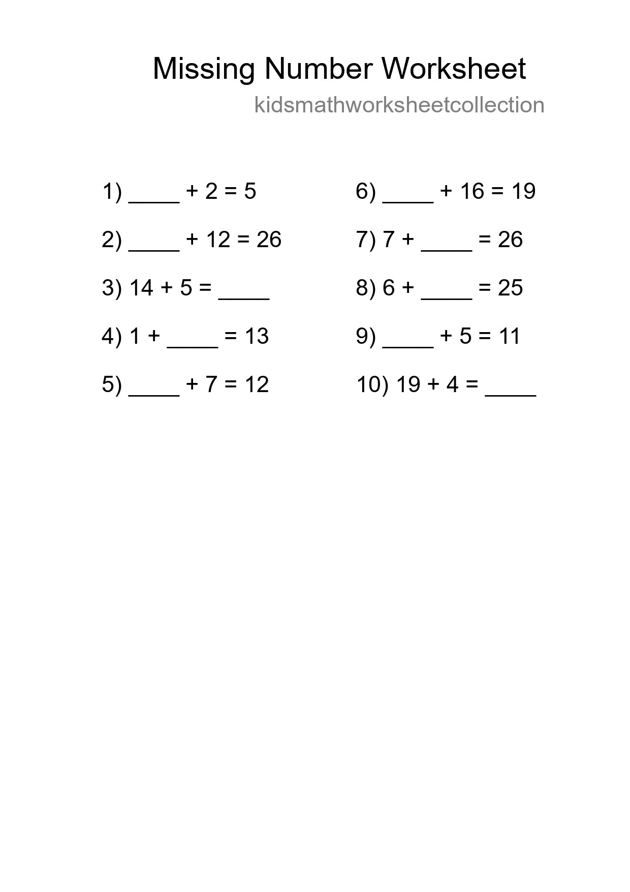 Missing Number Math Worksheet