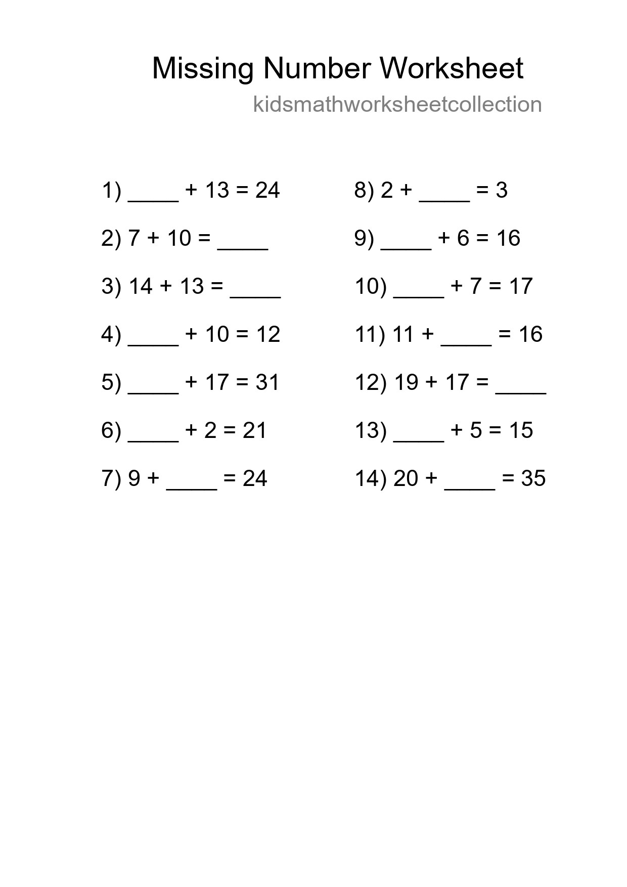 Missing Number Math Worksheet