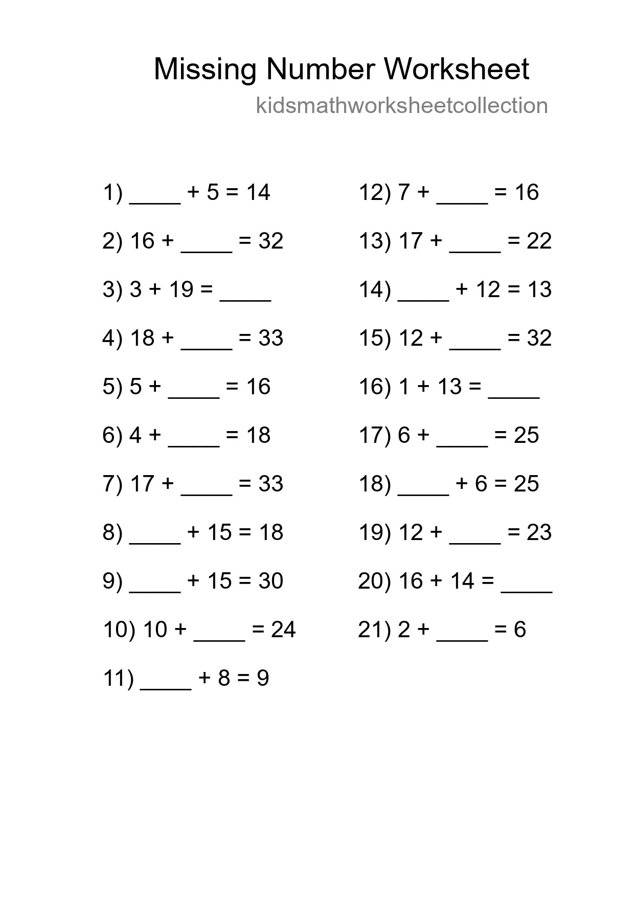 Missing Number Math Worksheet