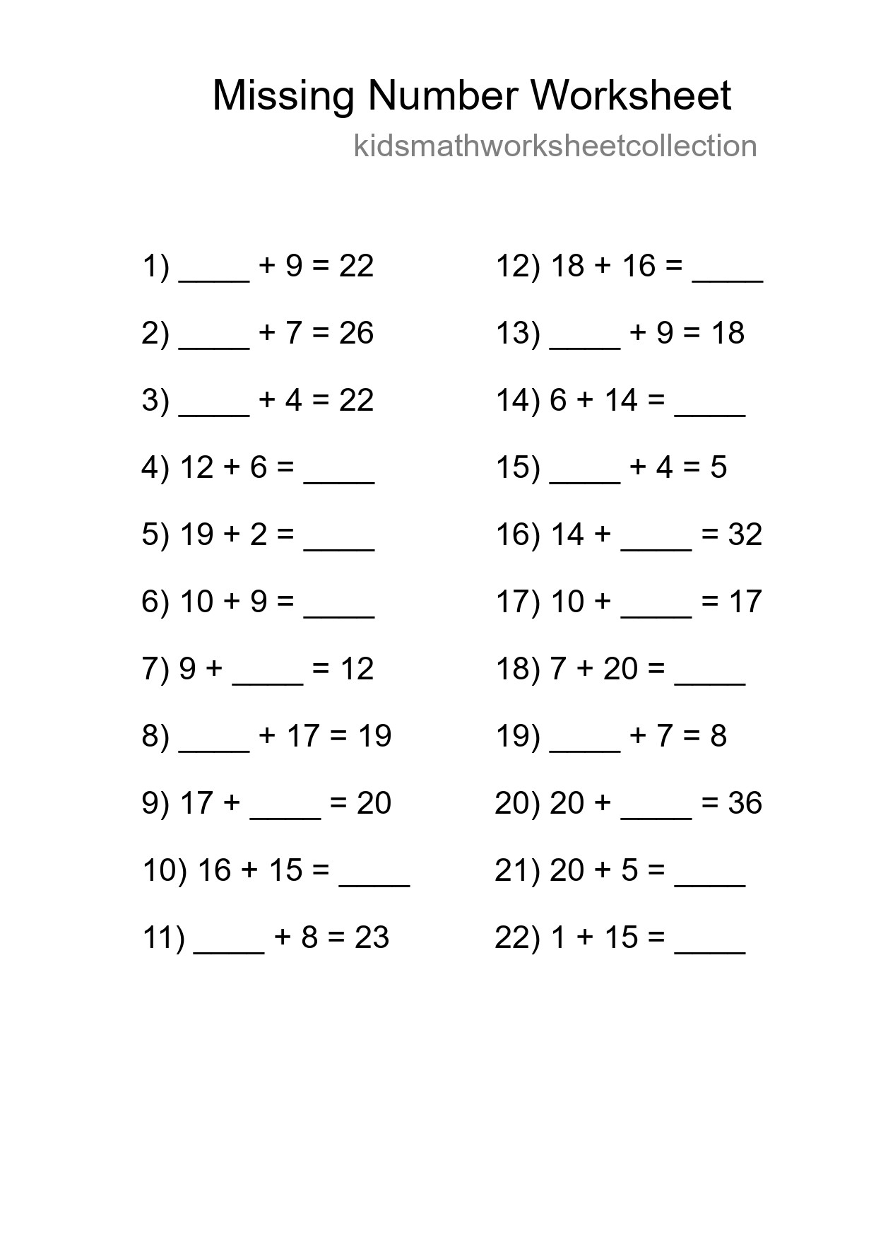 Missing Number Math Worksheet