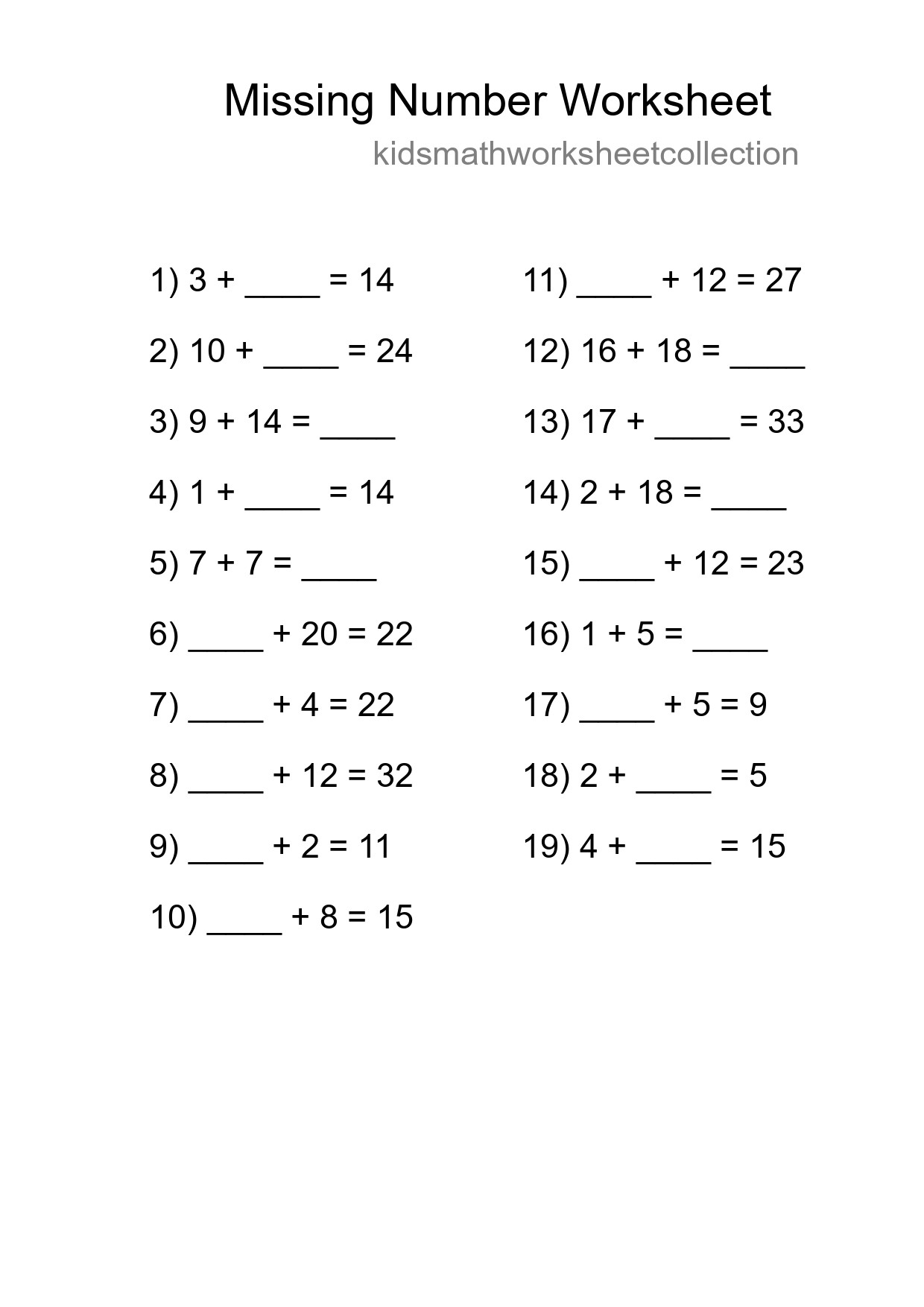 Missing Number Math Worksheet