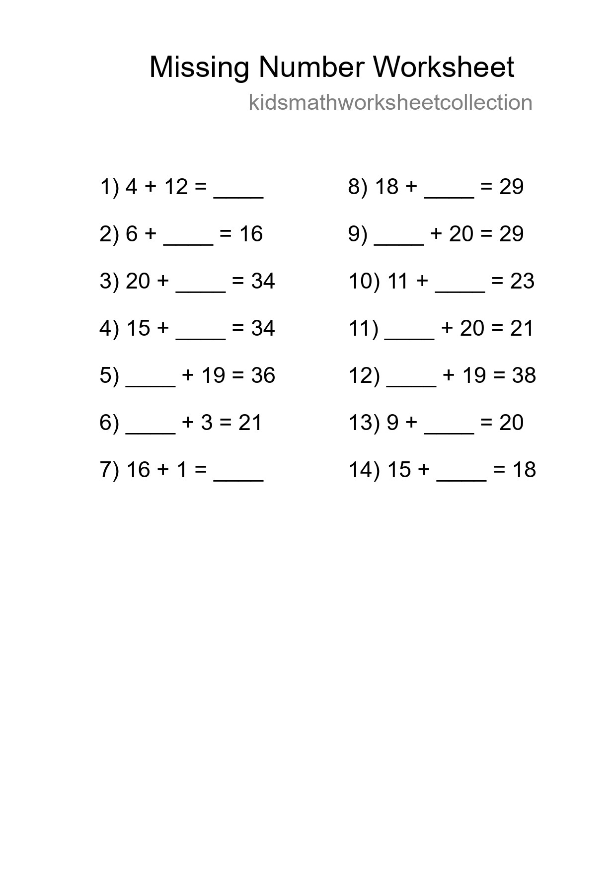 Missing Number Math Worksheet