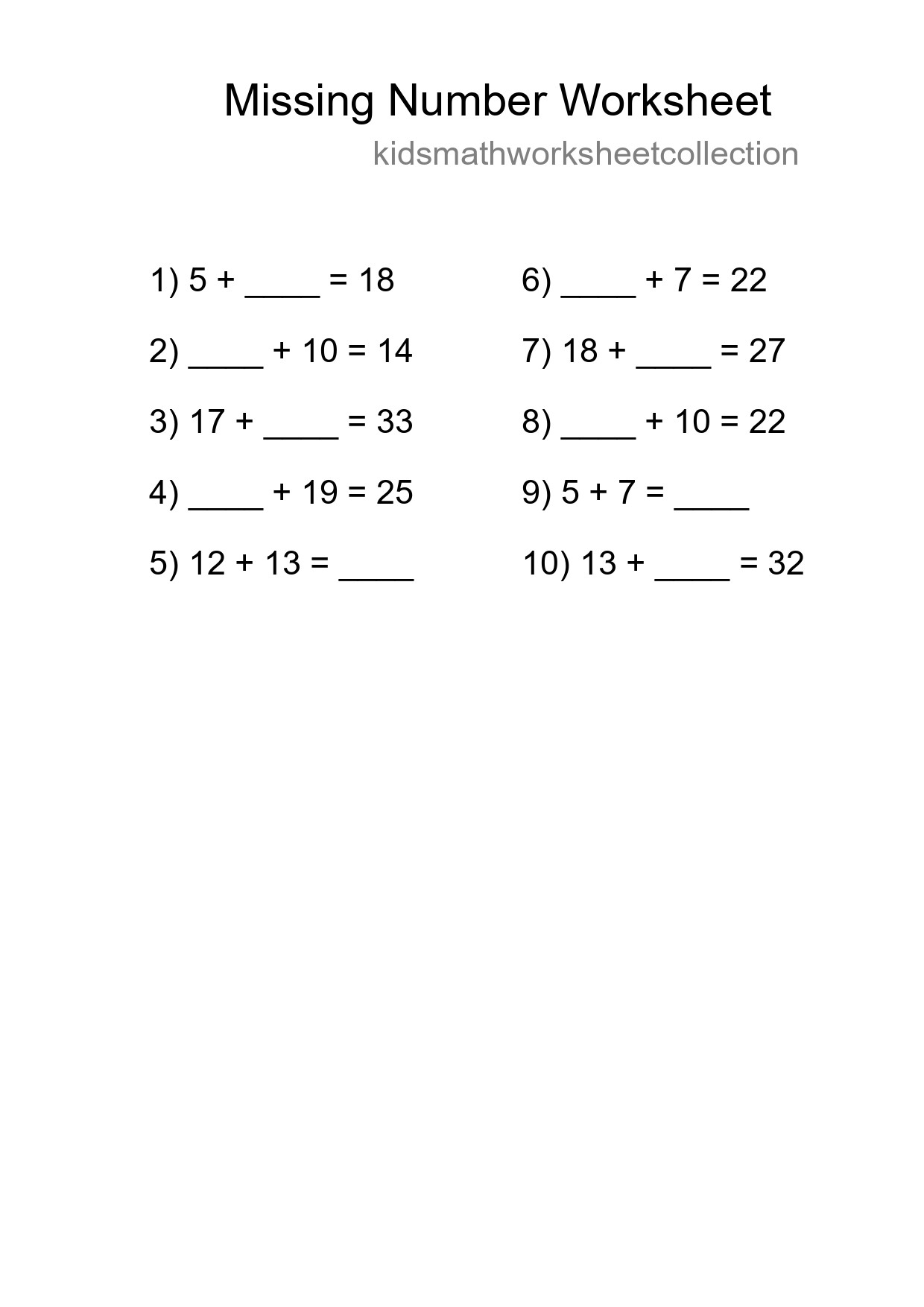 Missing Number Math Worksheet