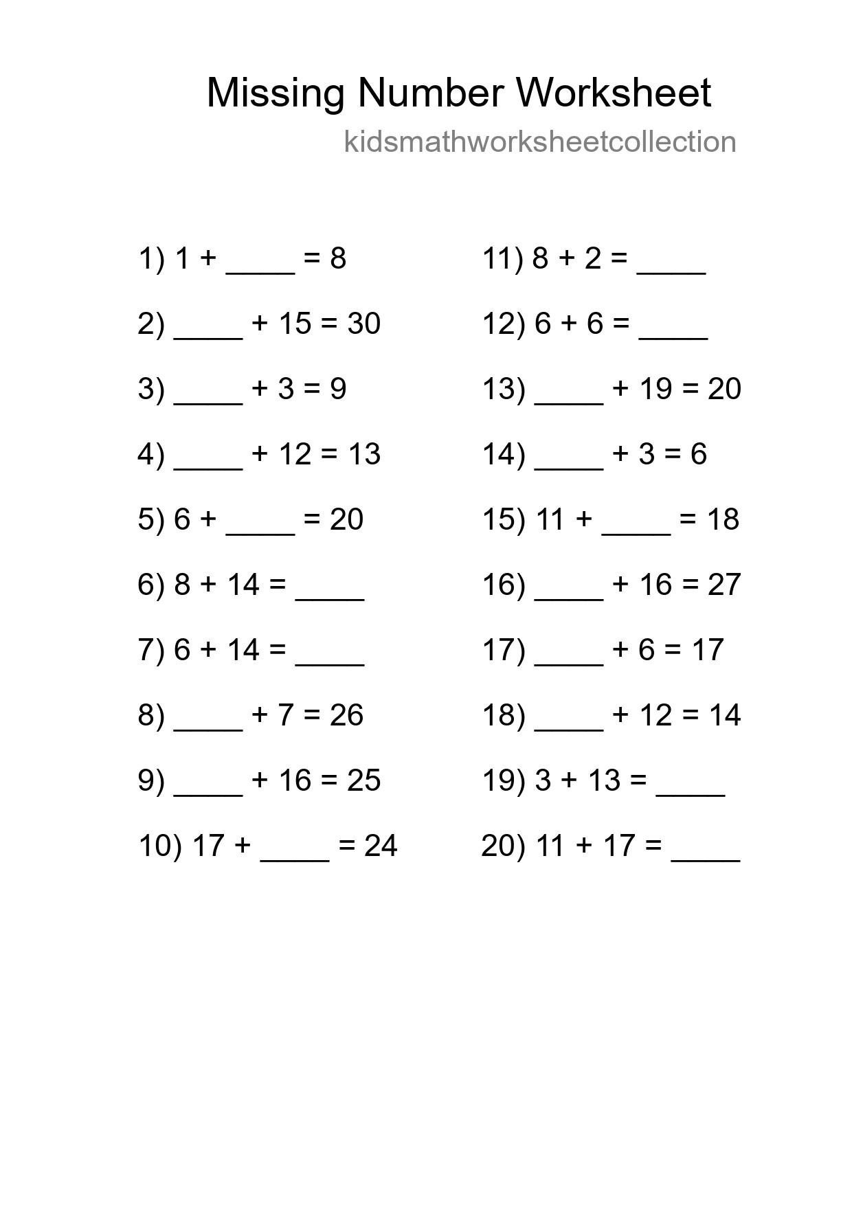 Missing Number Math Worksheet