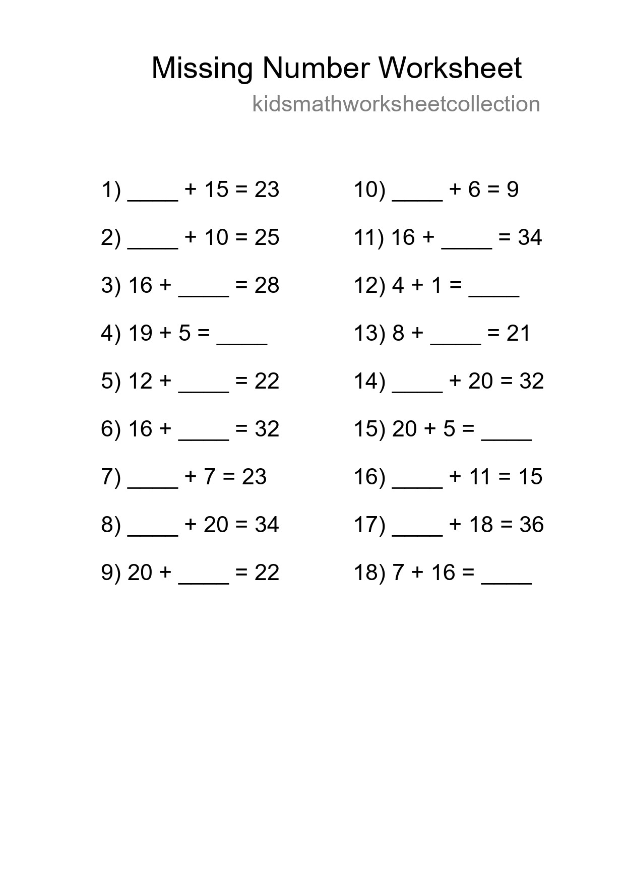 Missing Number Math Worksheet