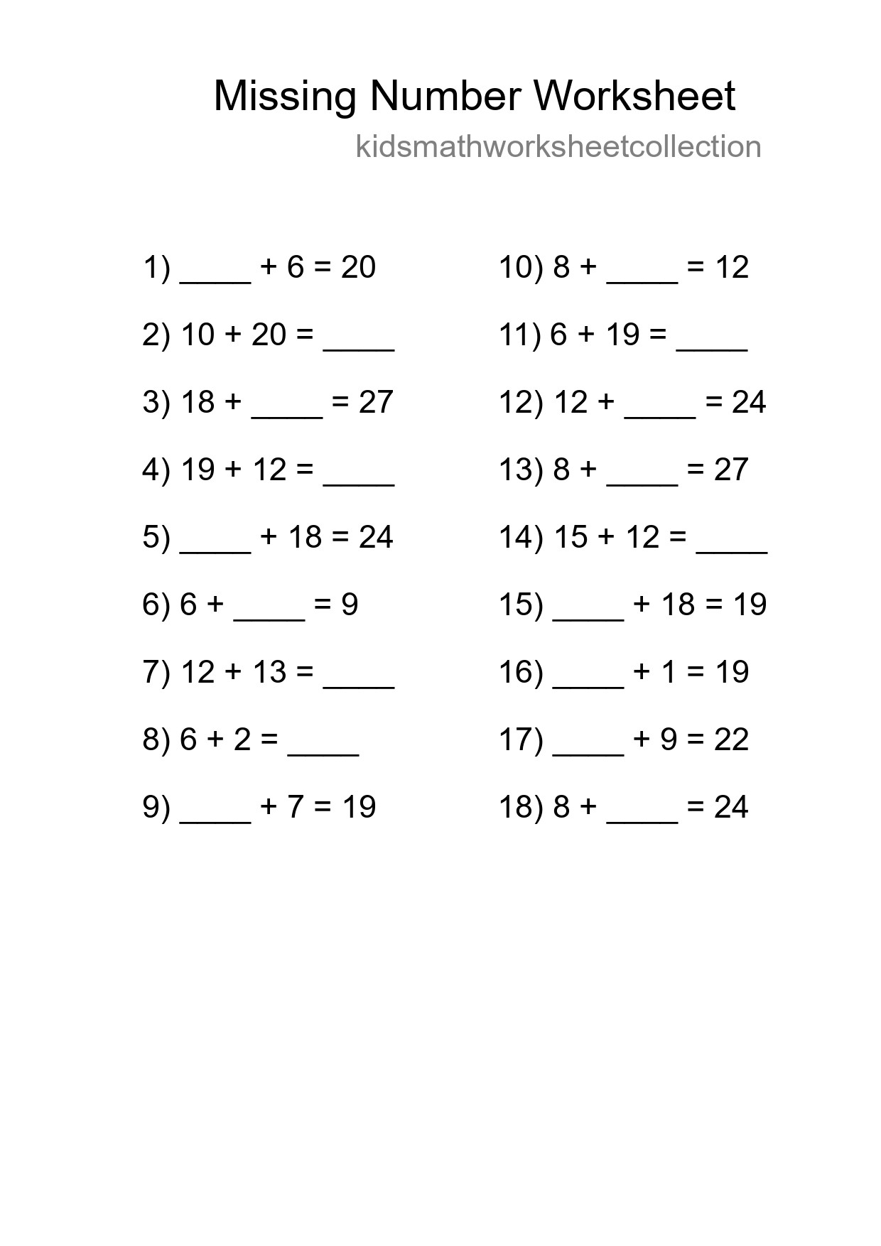 Missing Number Math Worksheet