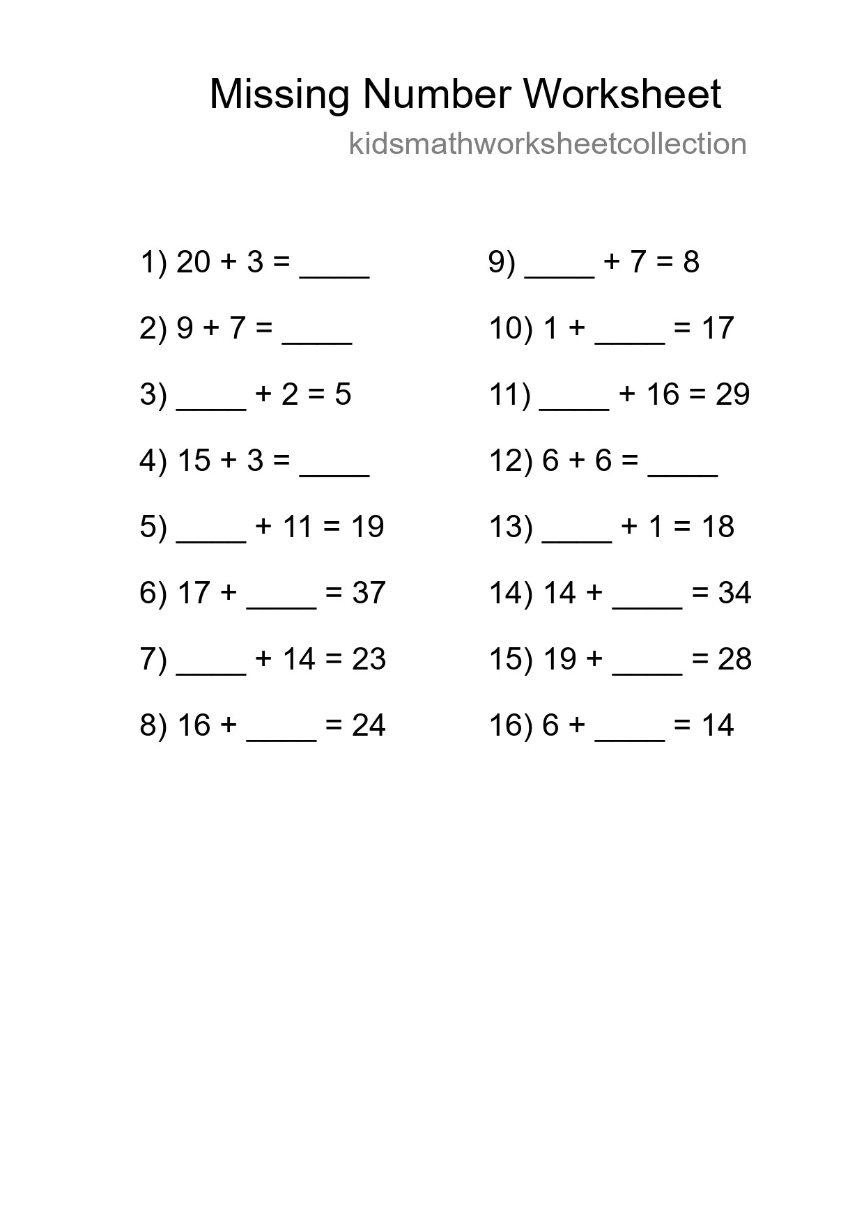 Missing Number Math Worksheet
