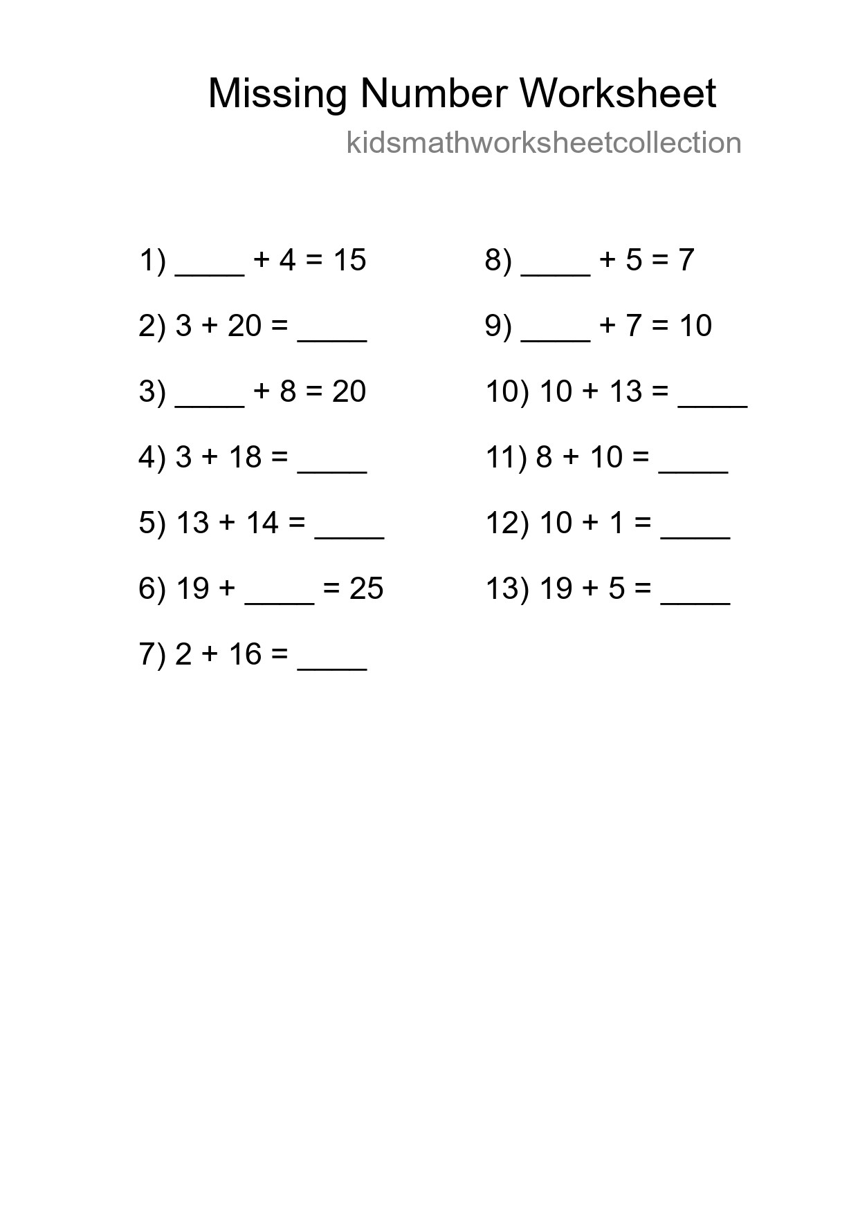 Missing Number Math Worksheet