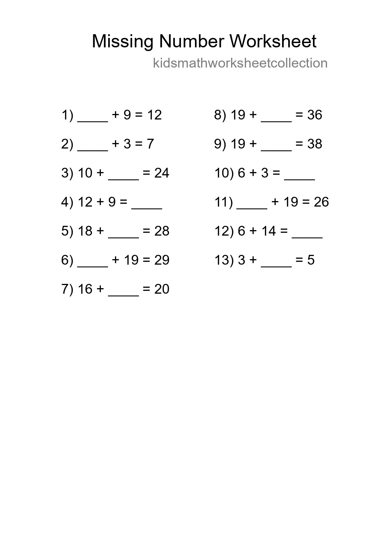 Missing Number Math Worksheet