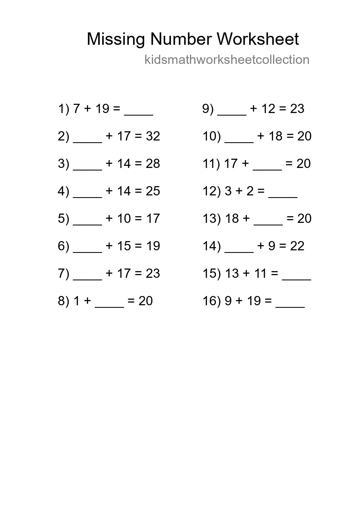 Missing Number Math Worksheet