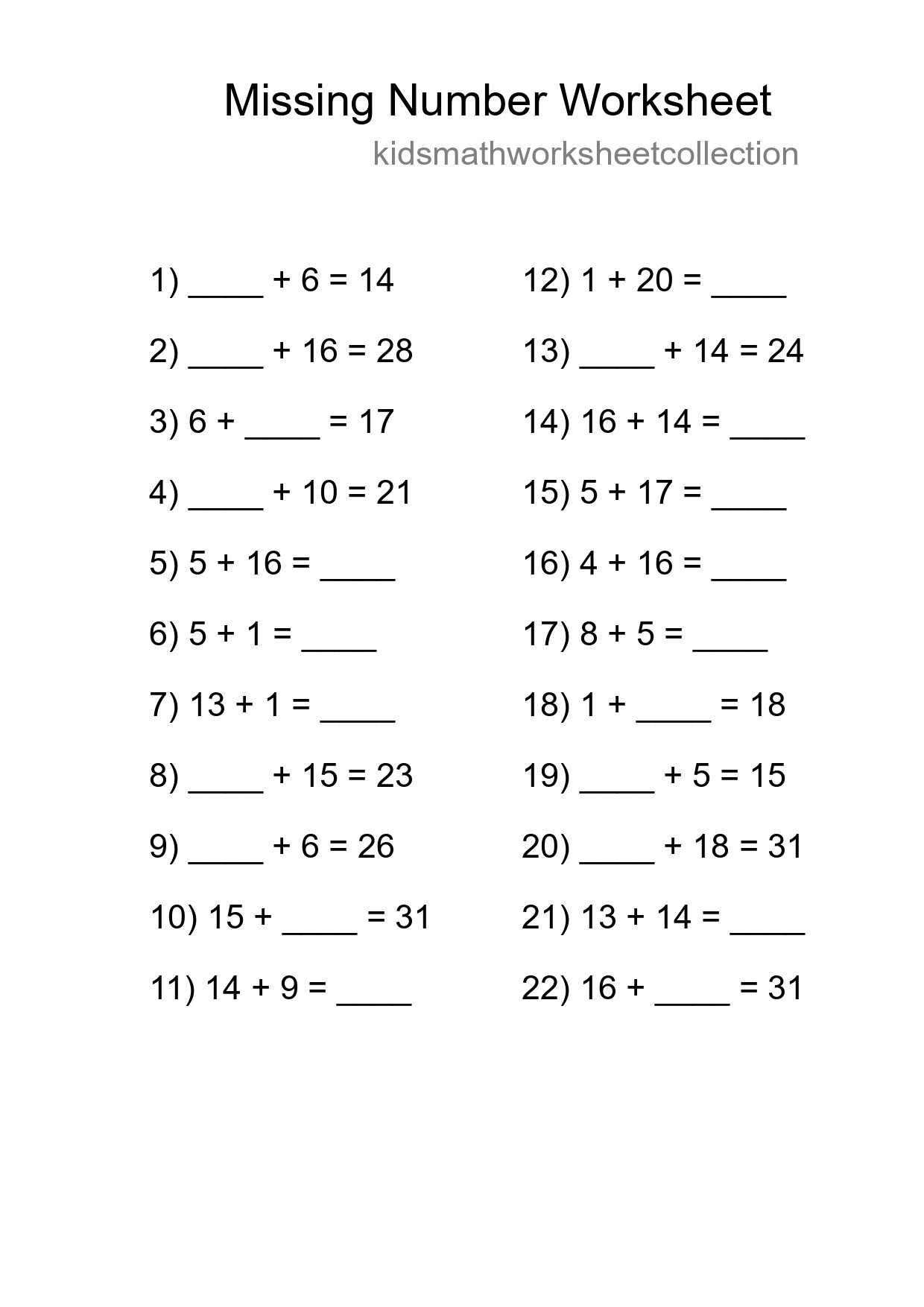 Missing Number Math Worksheet