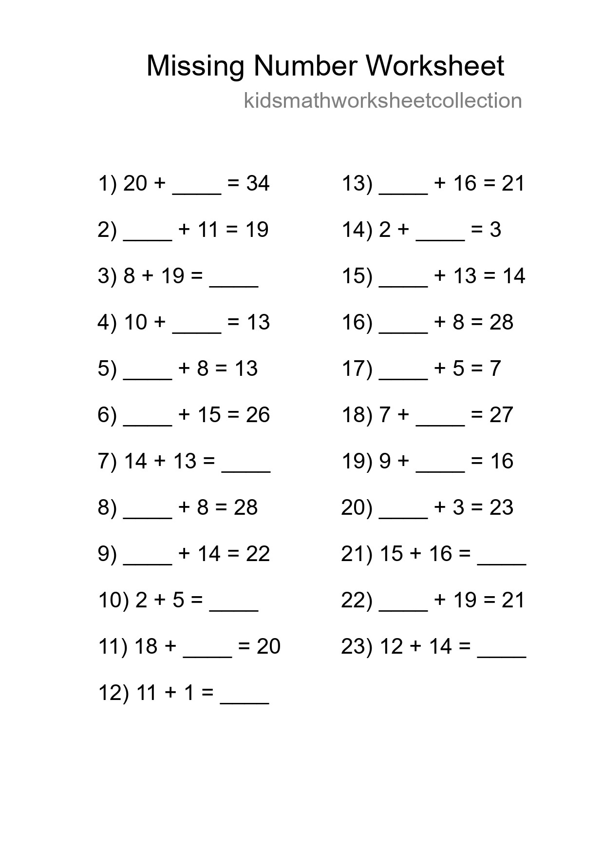 Missing Number Math Worksheet