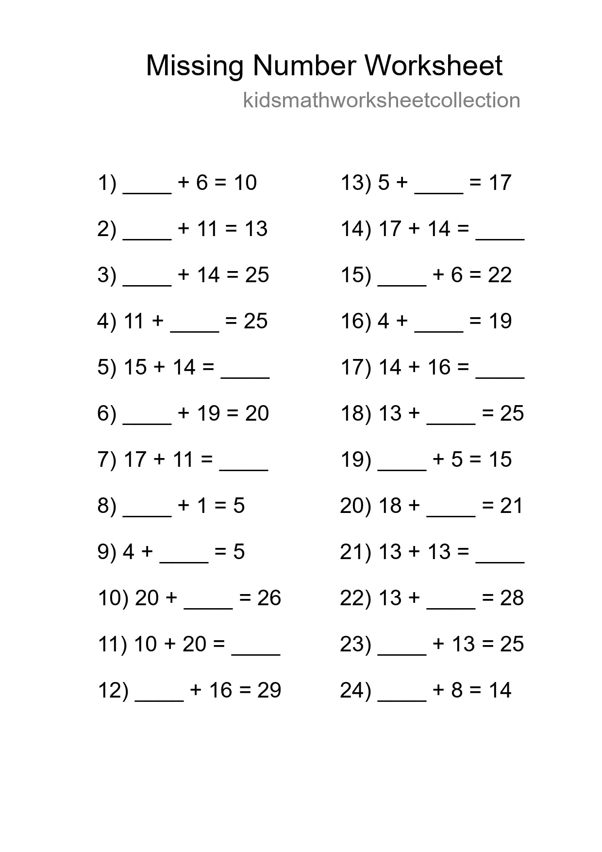 Missing Number Math Worksheet