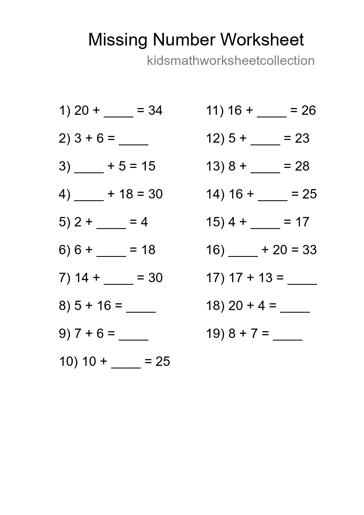Missing Number Math Worksheet