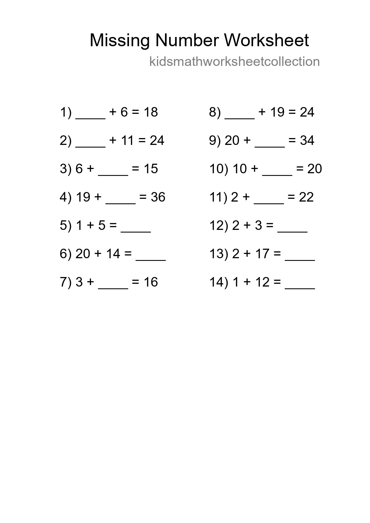 Missing Number Math Worksheet