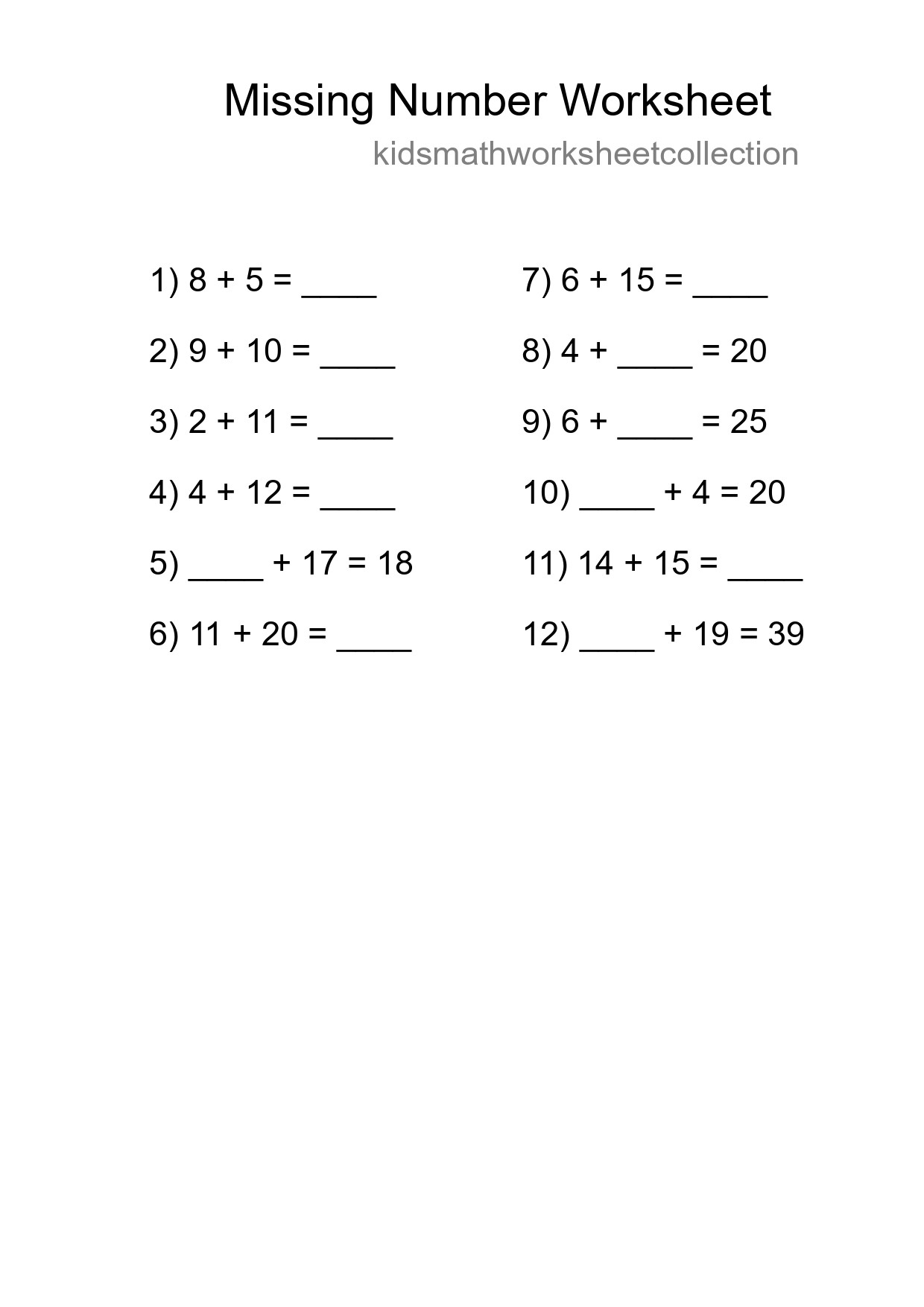 Missing Number Math Worksheet