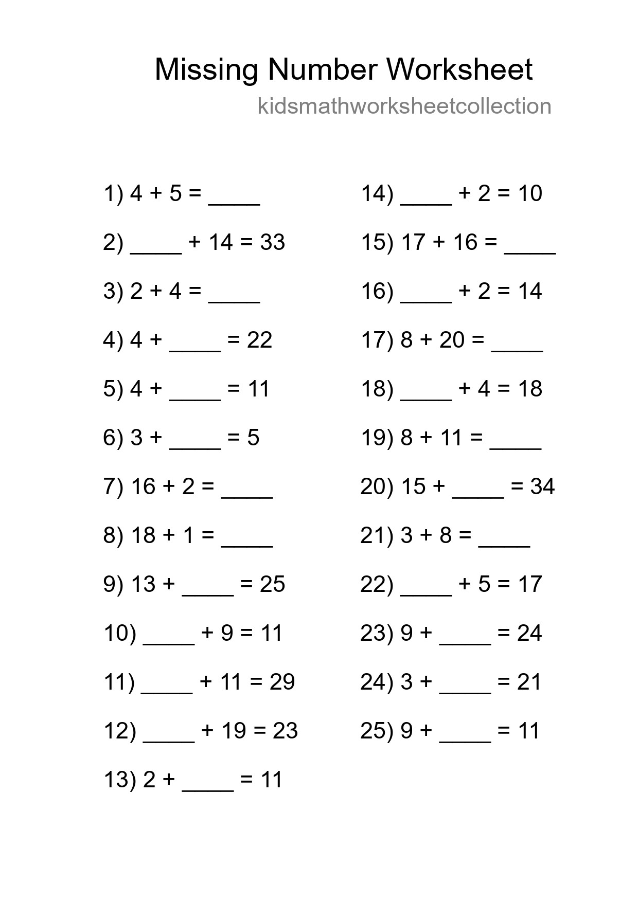 Missing Number Math Worksheet