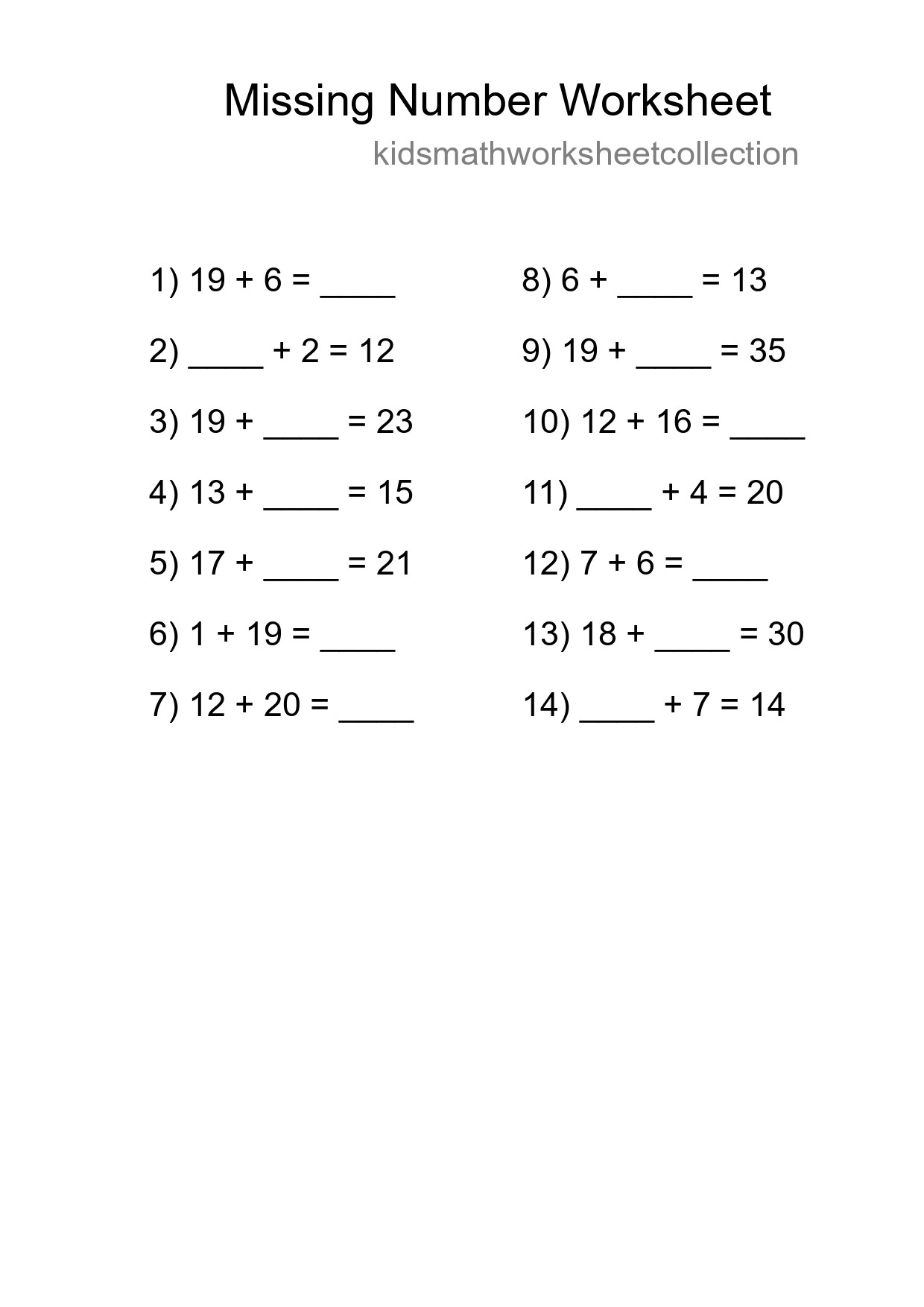 Missing Number Math Worksheet