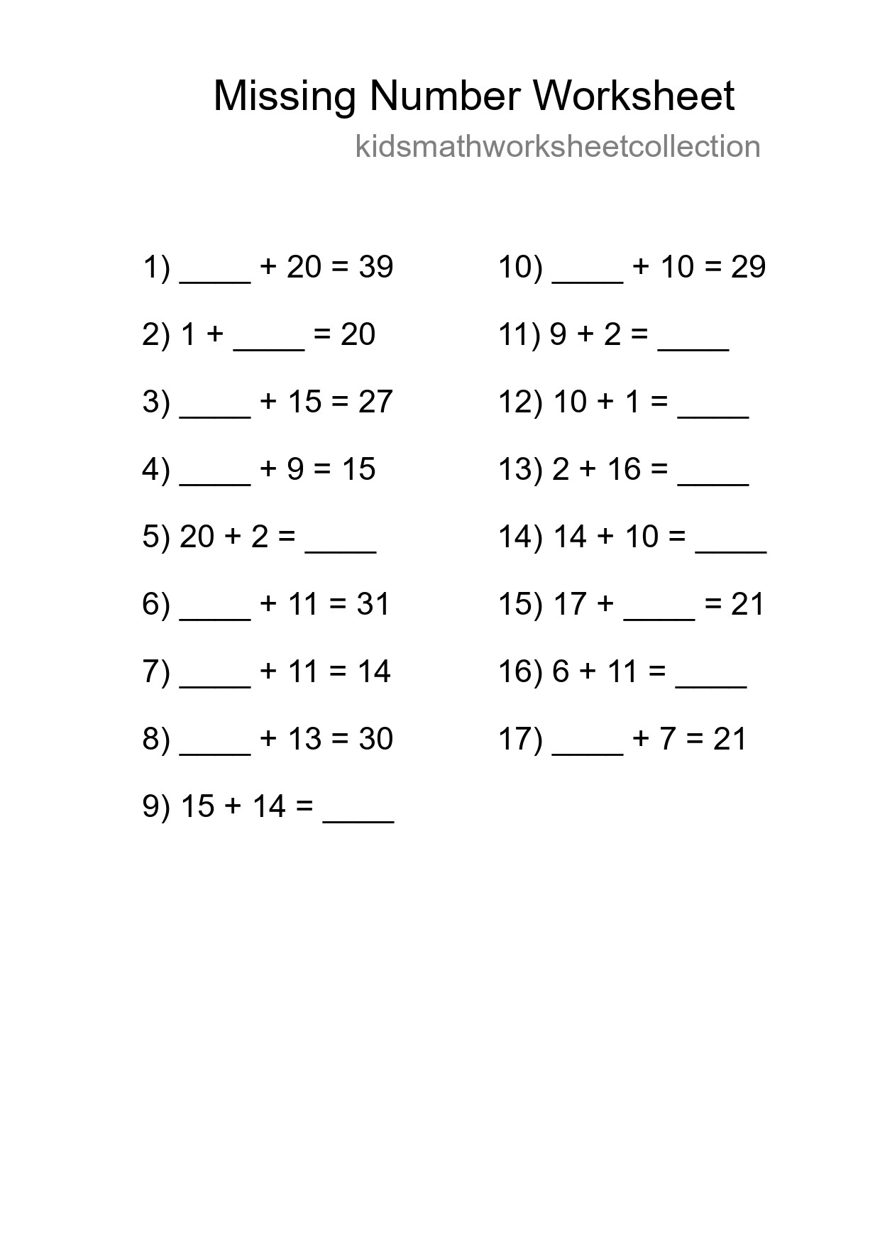 Missing Number Math Worksheet