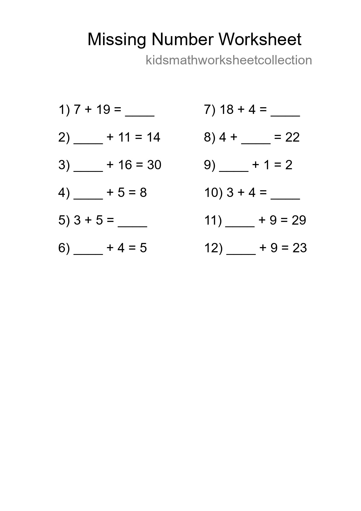 Missing Number Math Worksheet