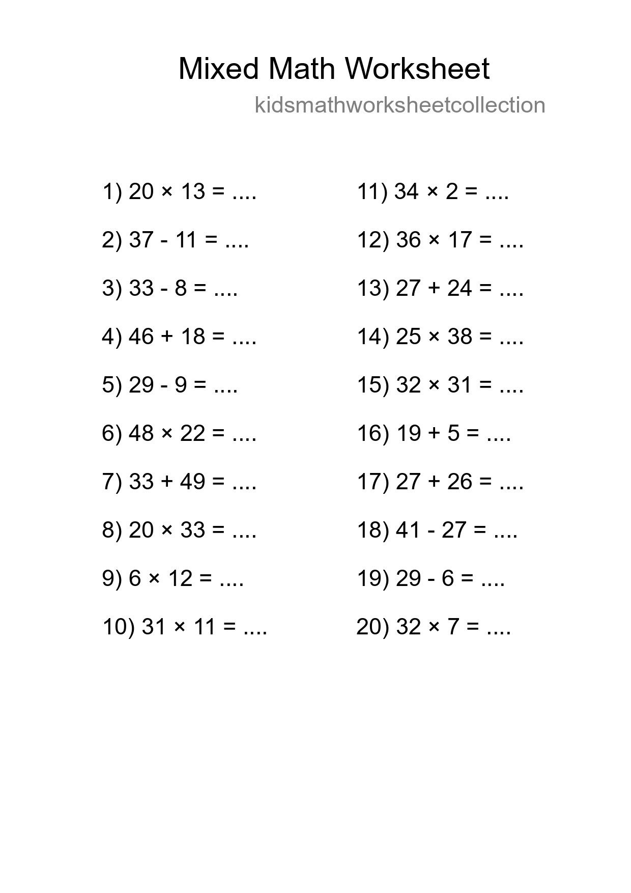 Mixed Operations Math Worksheet