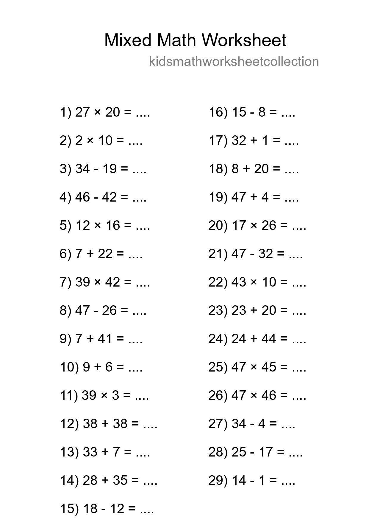 Mixed Operations Math Worksheet