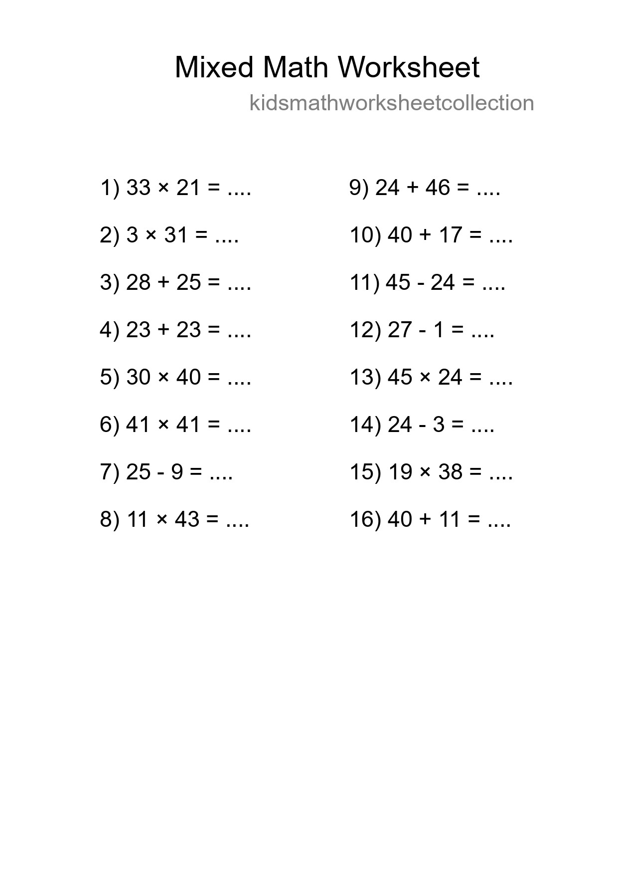 Mixed Operations Math Worksheet
