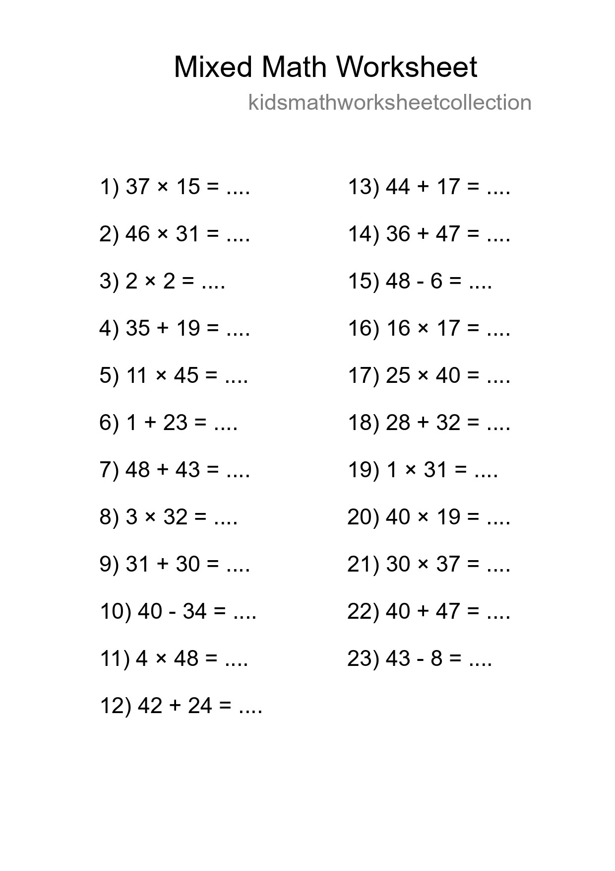 Mixed Operations Math Worksheet