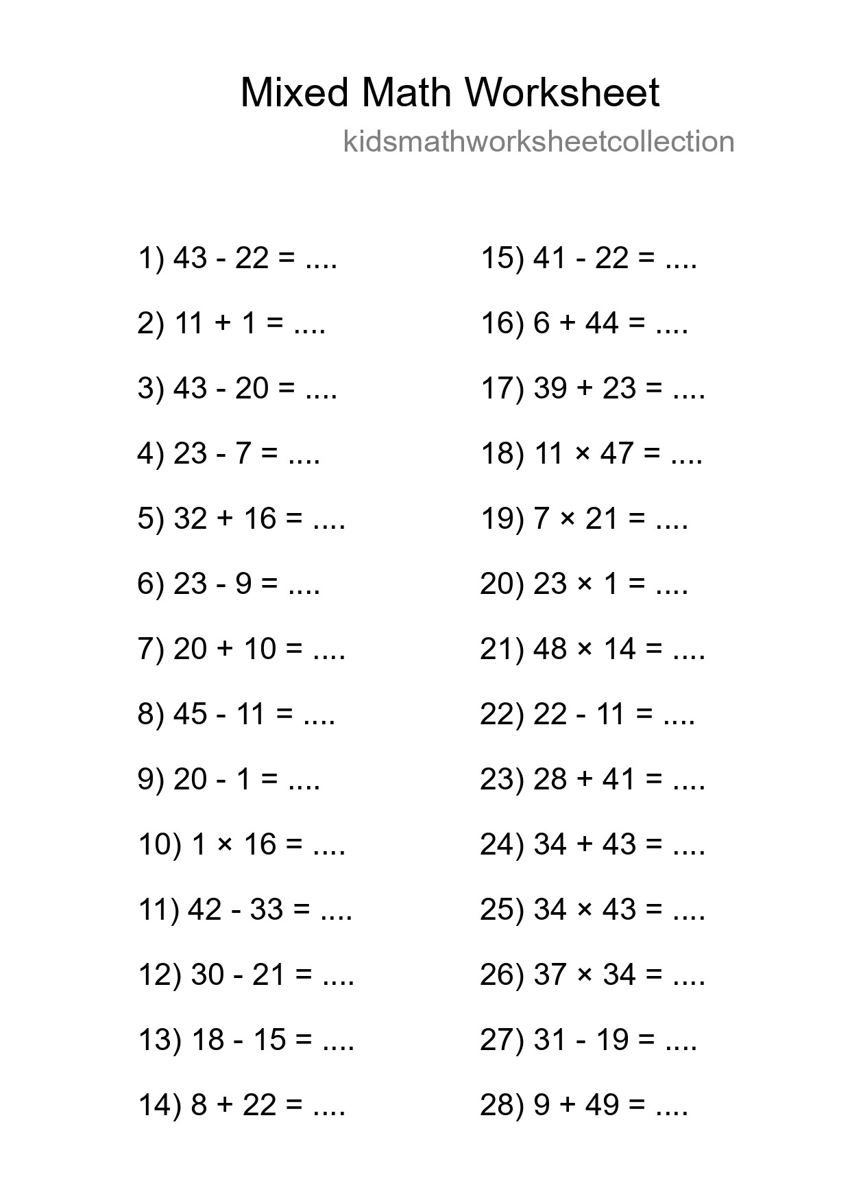 Mixed Operations Math Worksheet