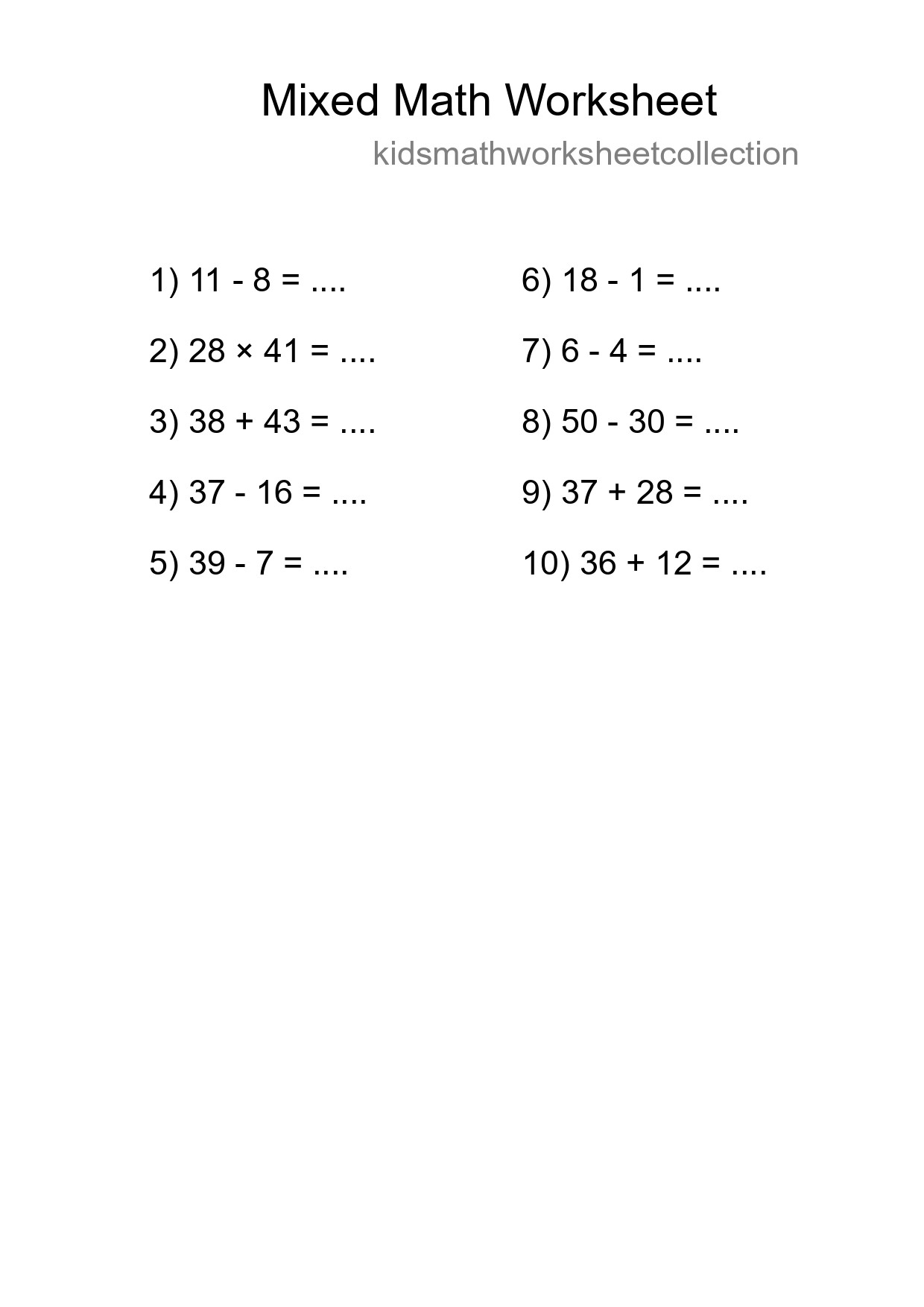 Mixed Operations Math Worksheet
