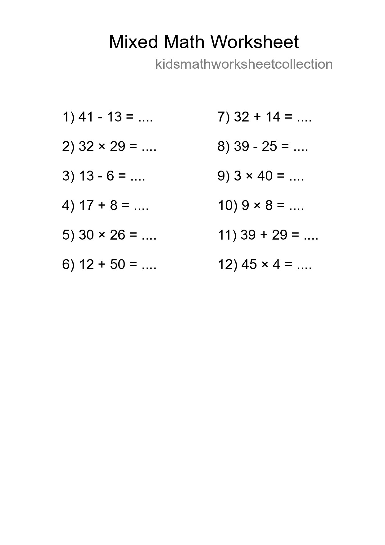 Mixed Operations Math Worksheet