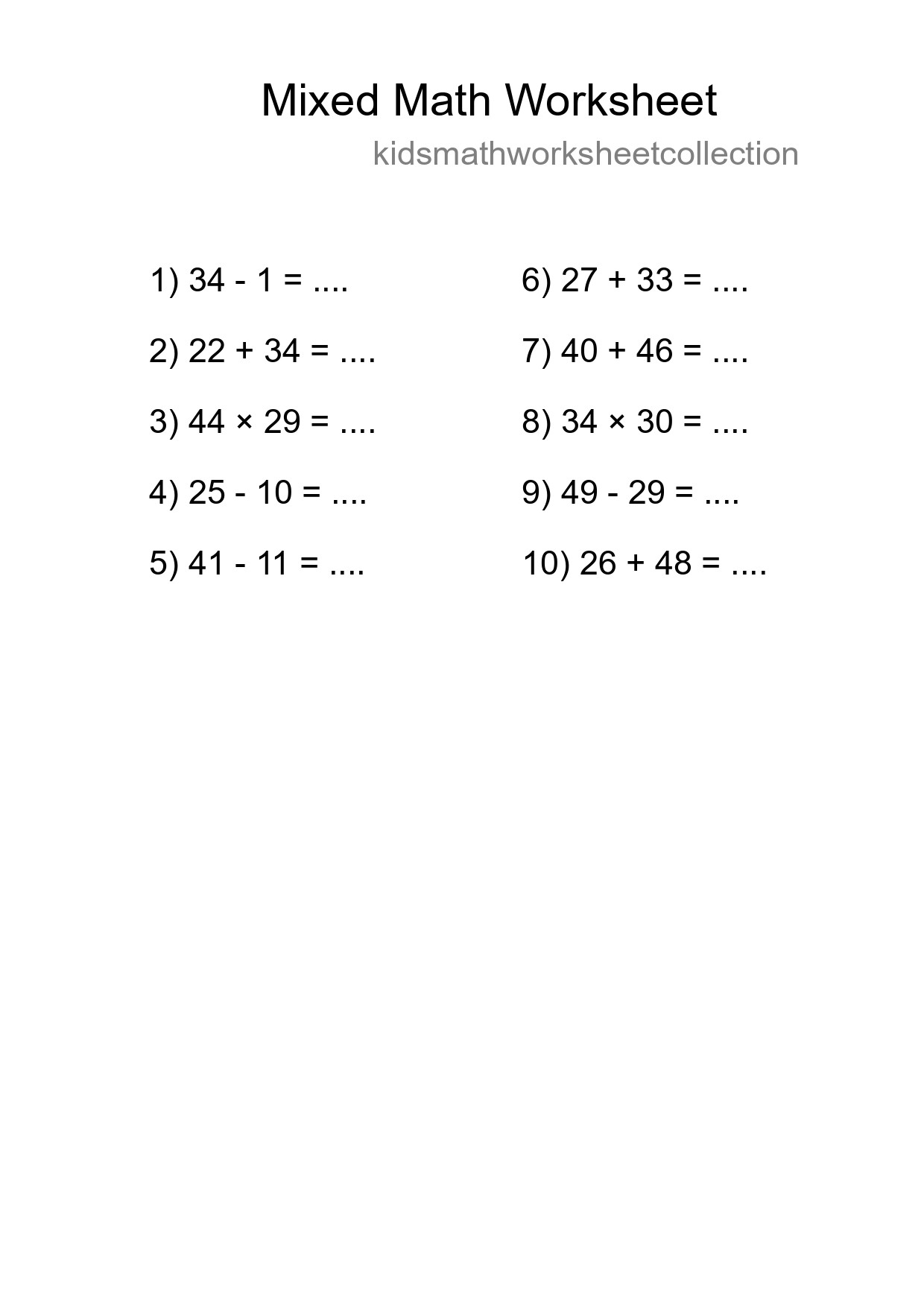 Mixed Operations Math Worksheet