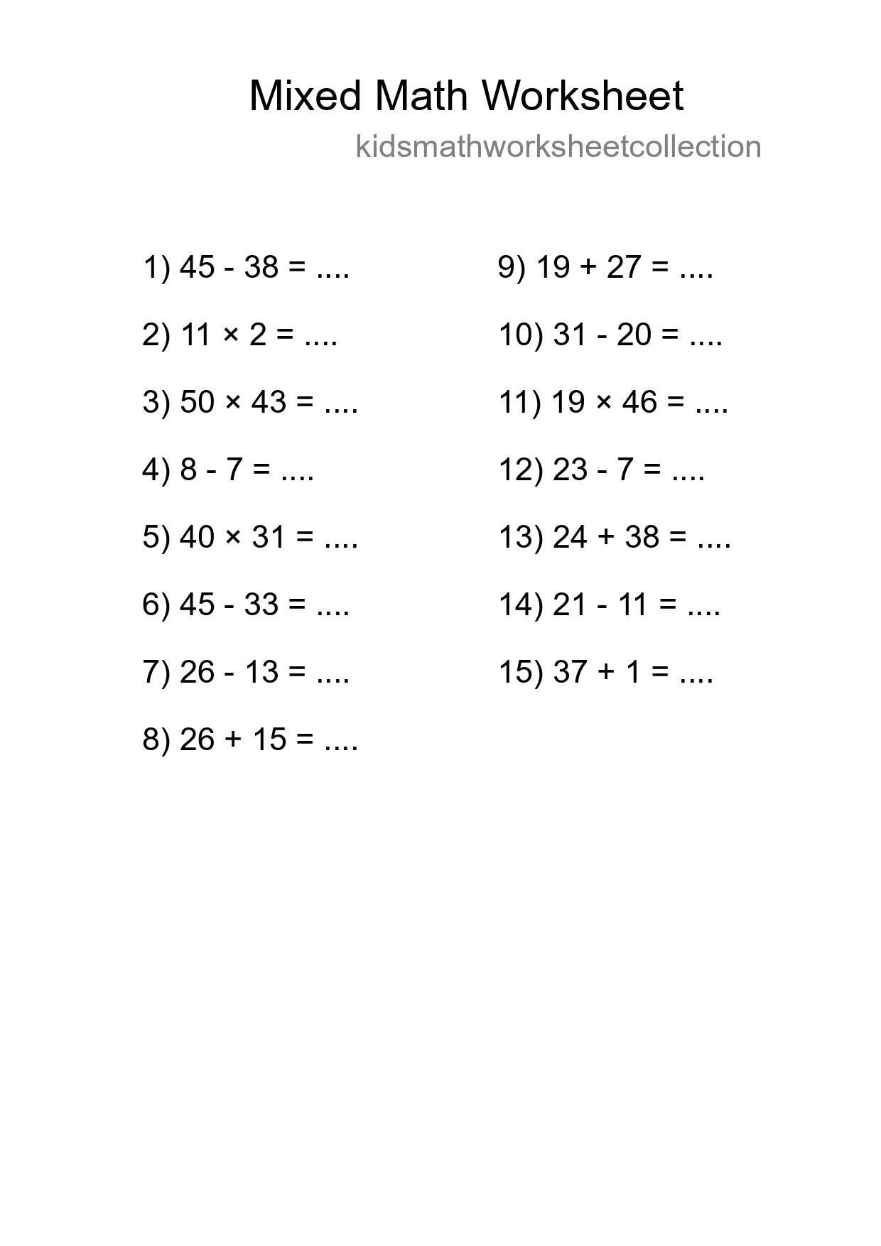 Mixed Operations Math Worksheet