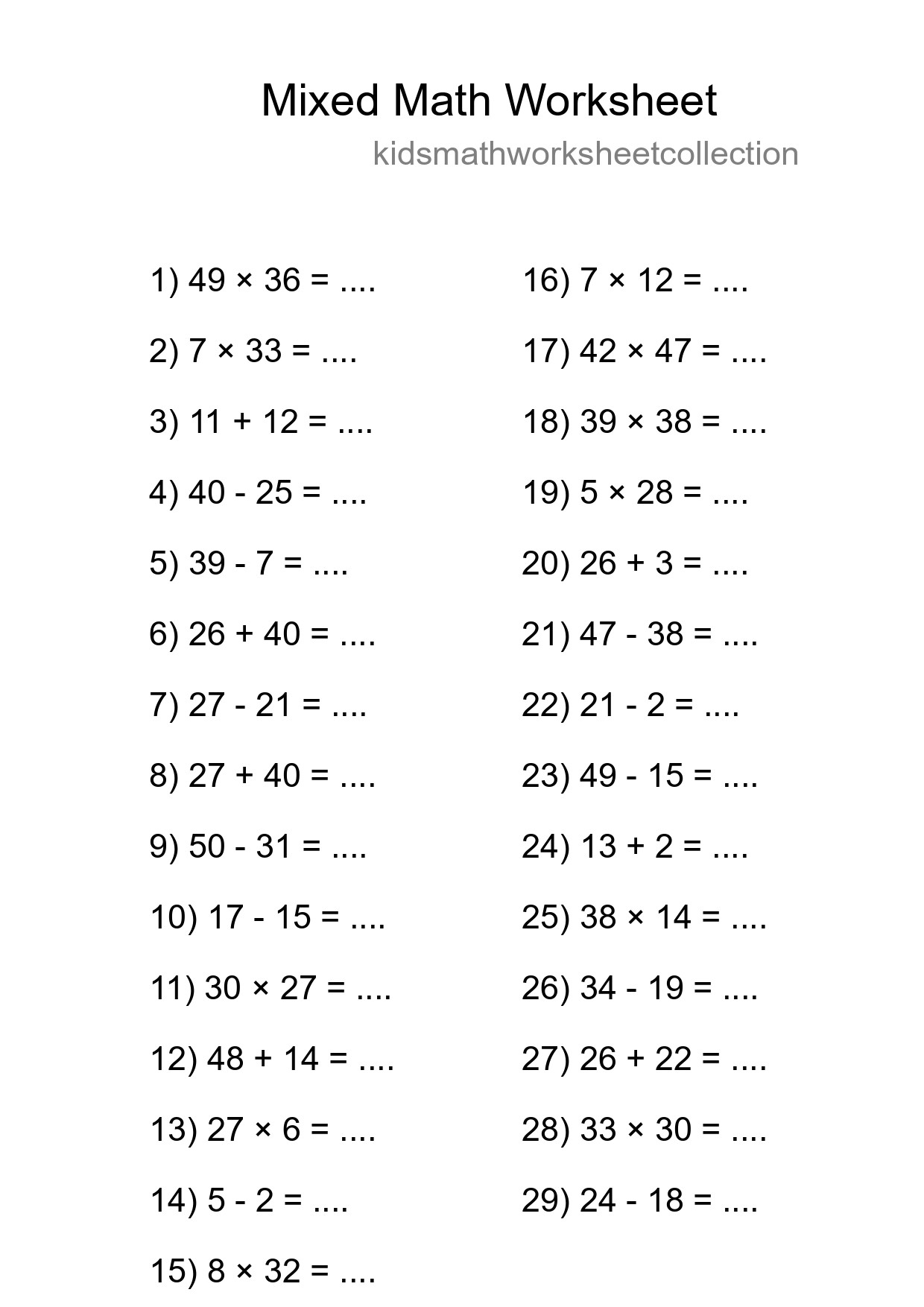 Mixed Operations Math Worksheet