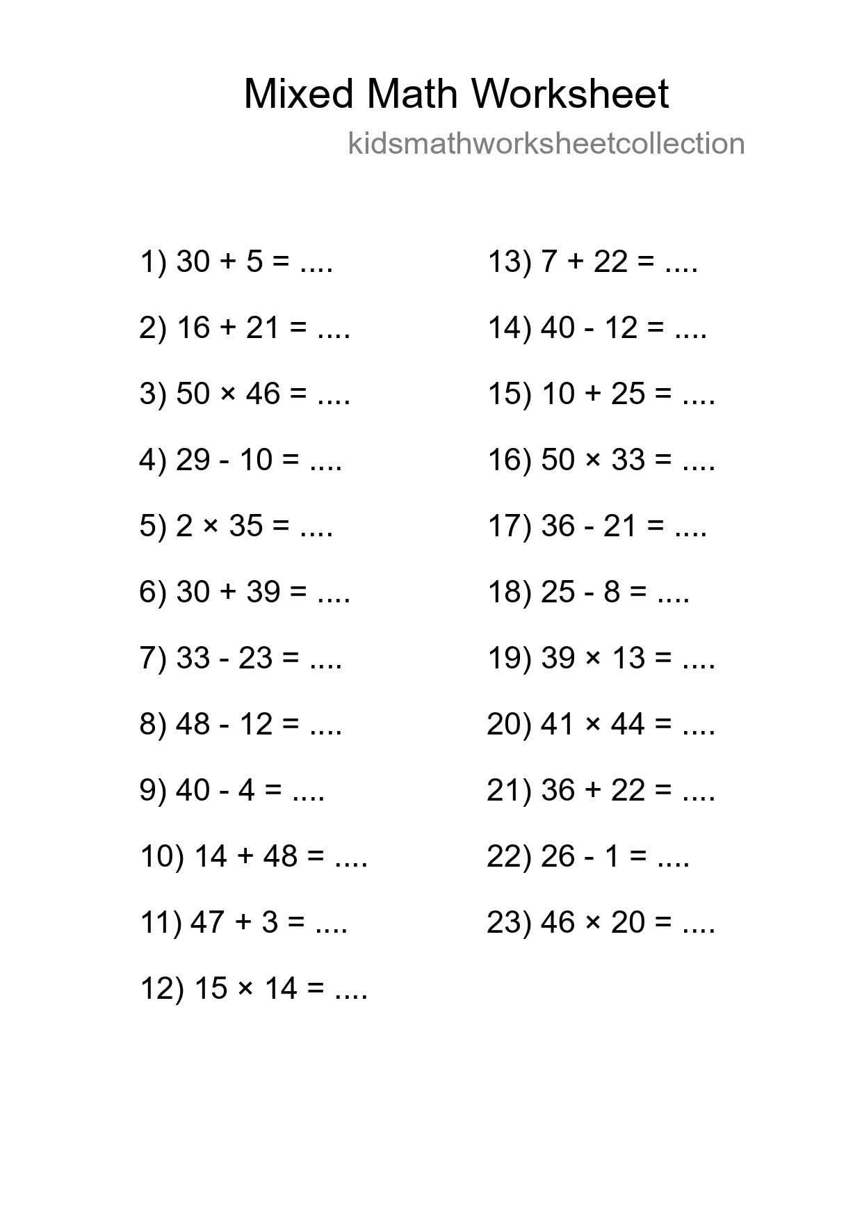 Mixed Operations Math Worksheet