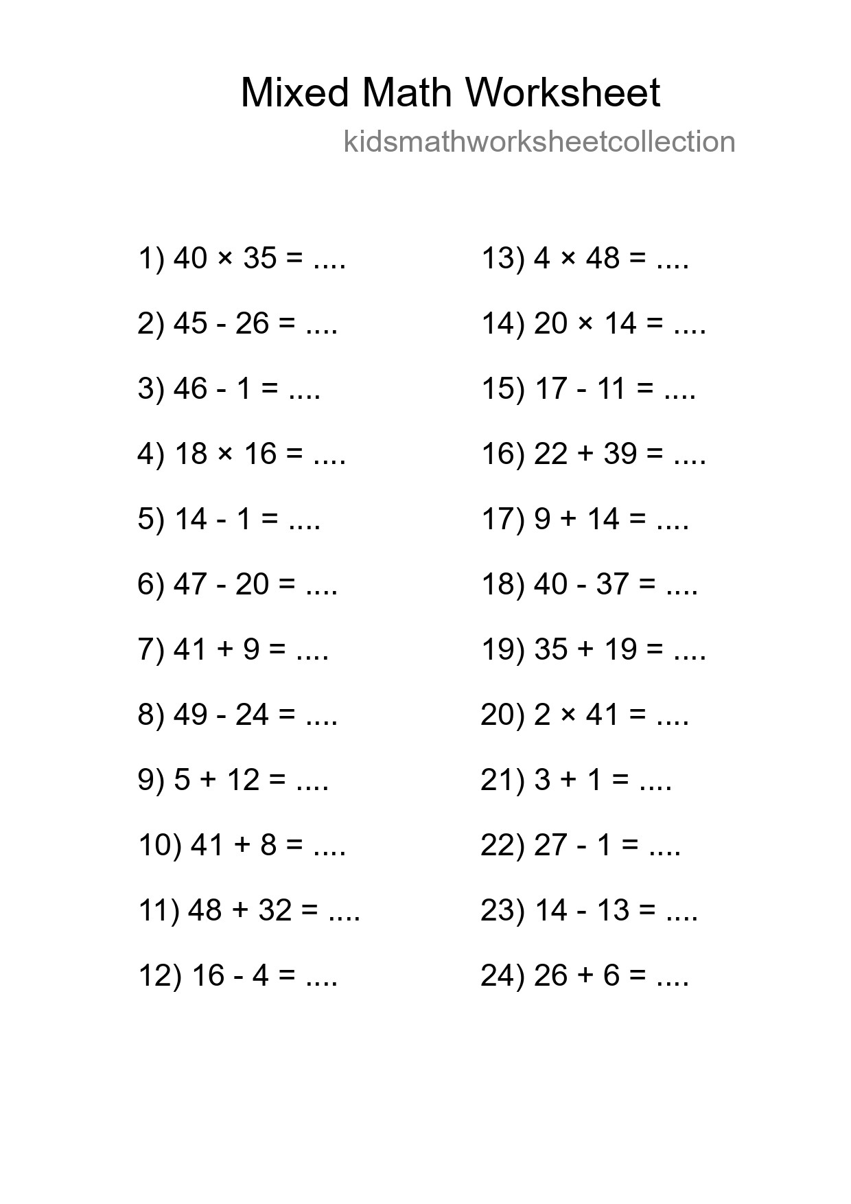 Mixed Operations Math Worksheet