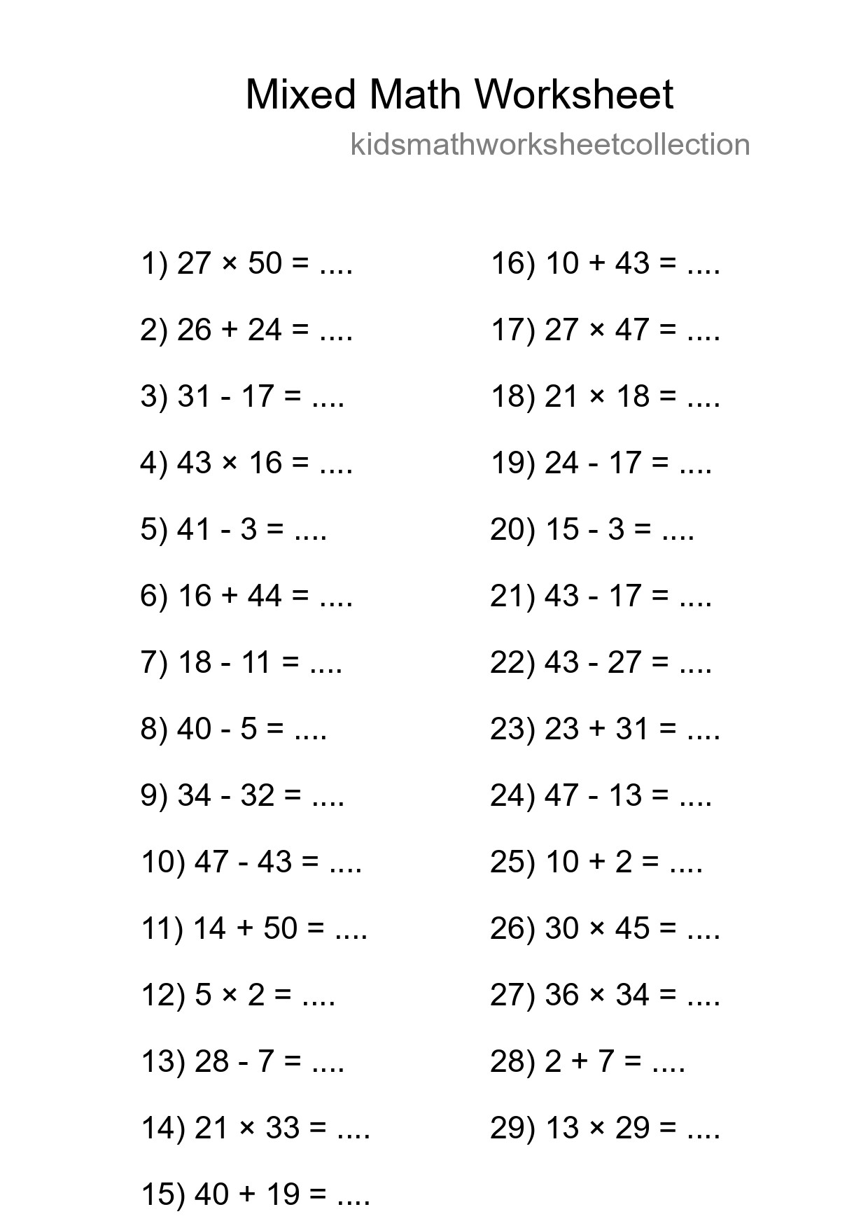 Mixed Operations Math Worksheet