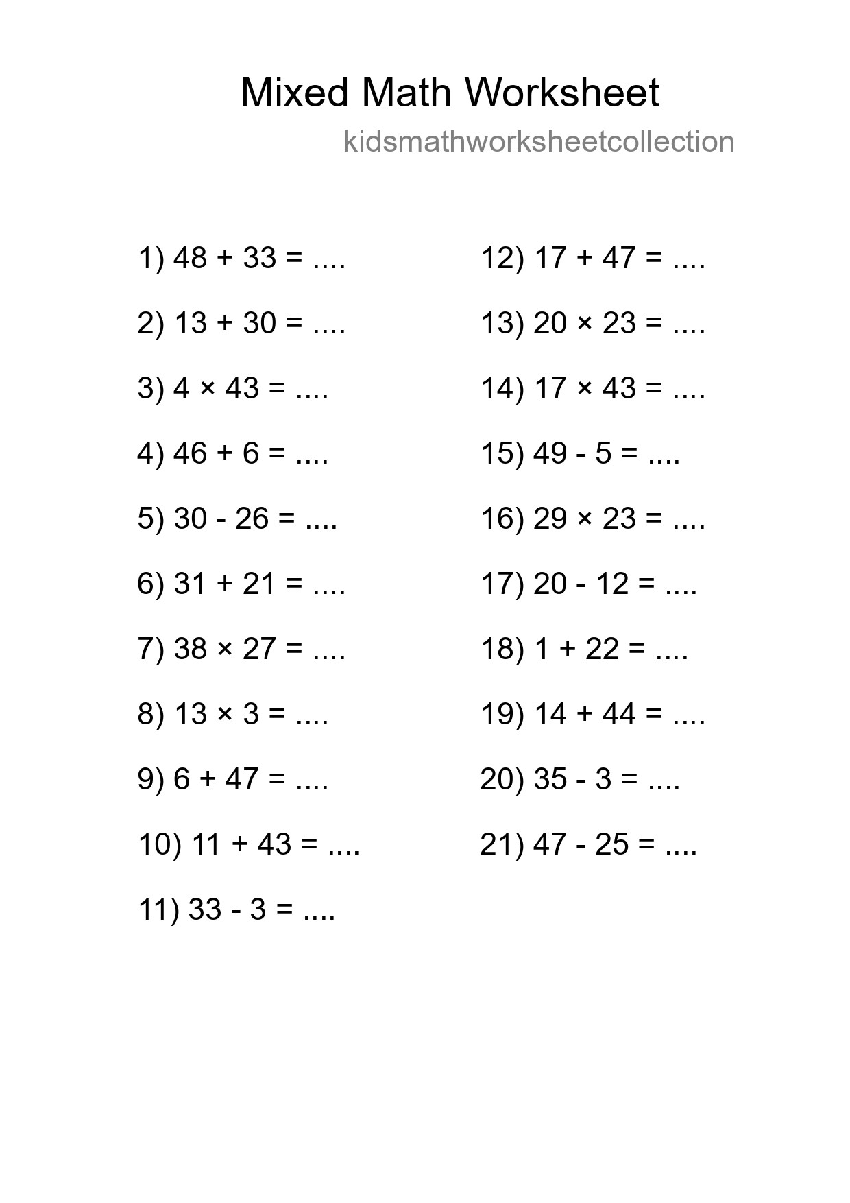 Mixed Operations Math Worksheet