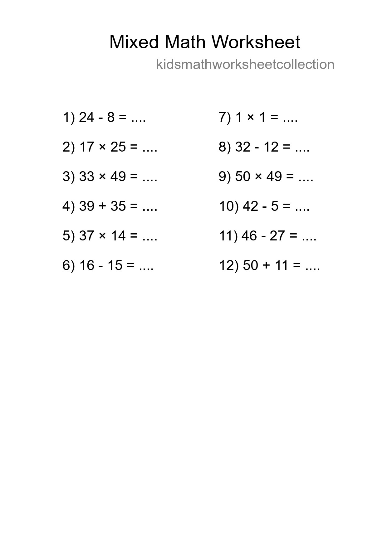Mixed Operations Math Worksheet