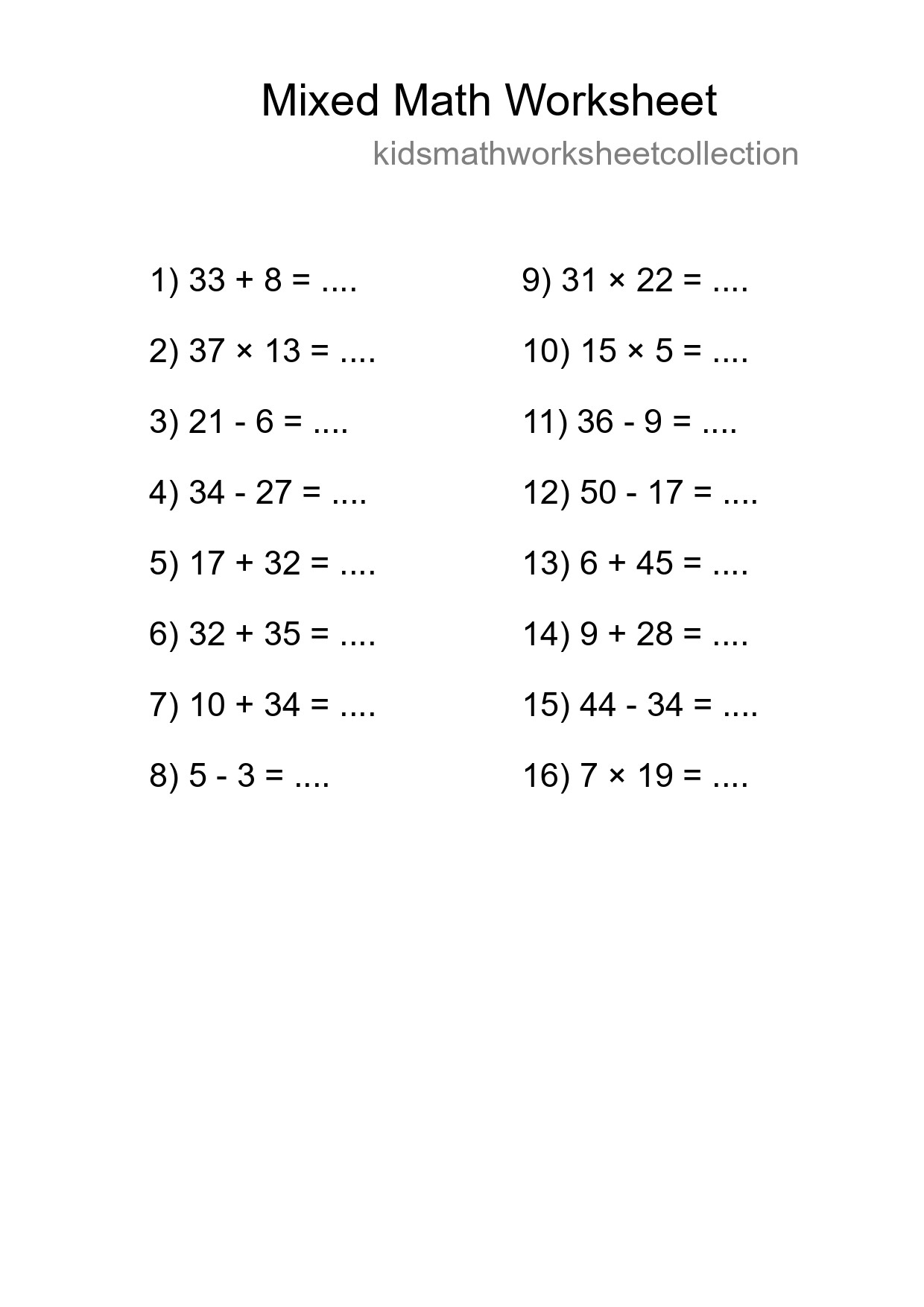 Mixed Operations Math Worksheet