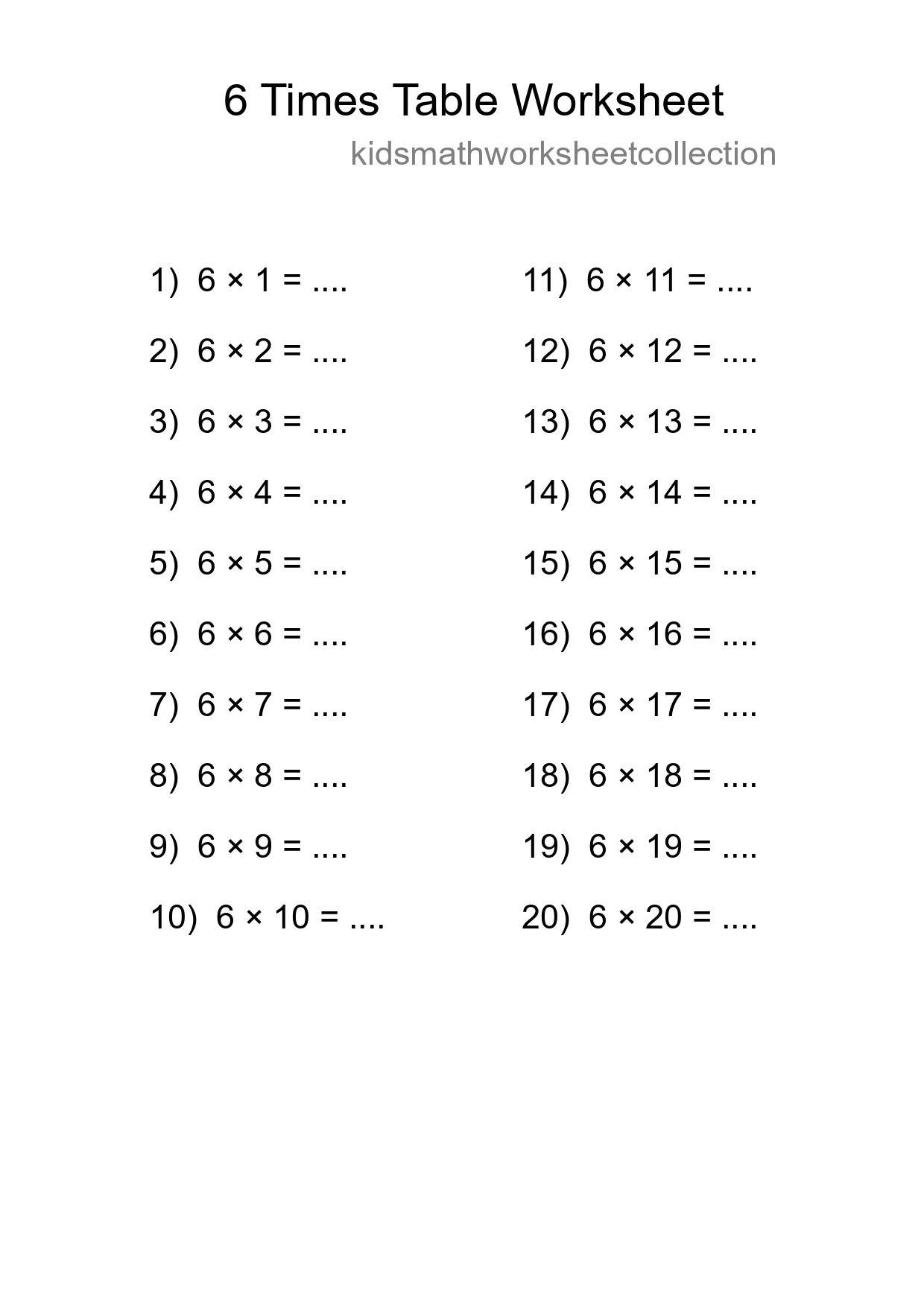 Printable 6 Times Table Worksheet For Grade 3 - Part 218
