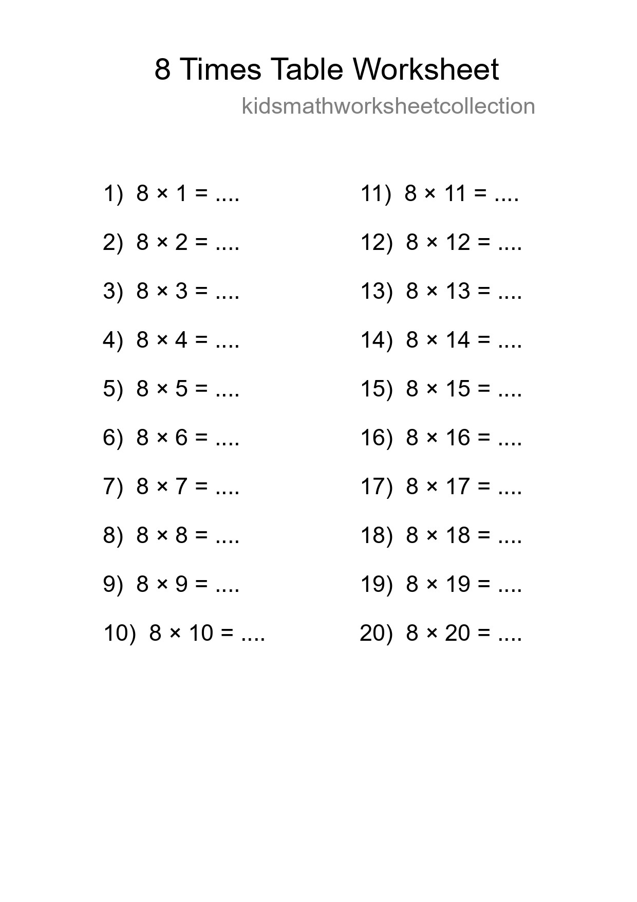Printable 8 Times Table Worksheet For Grade 3 - Part 31