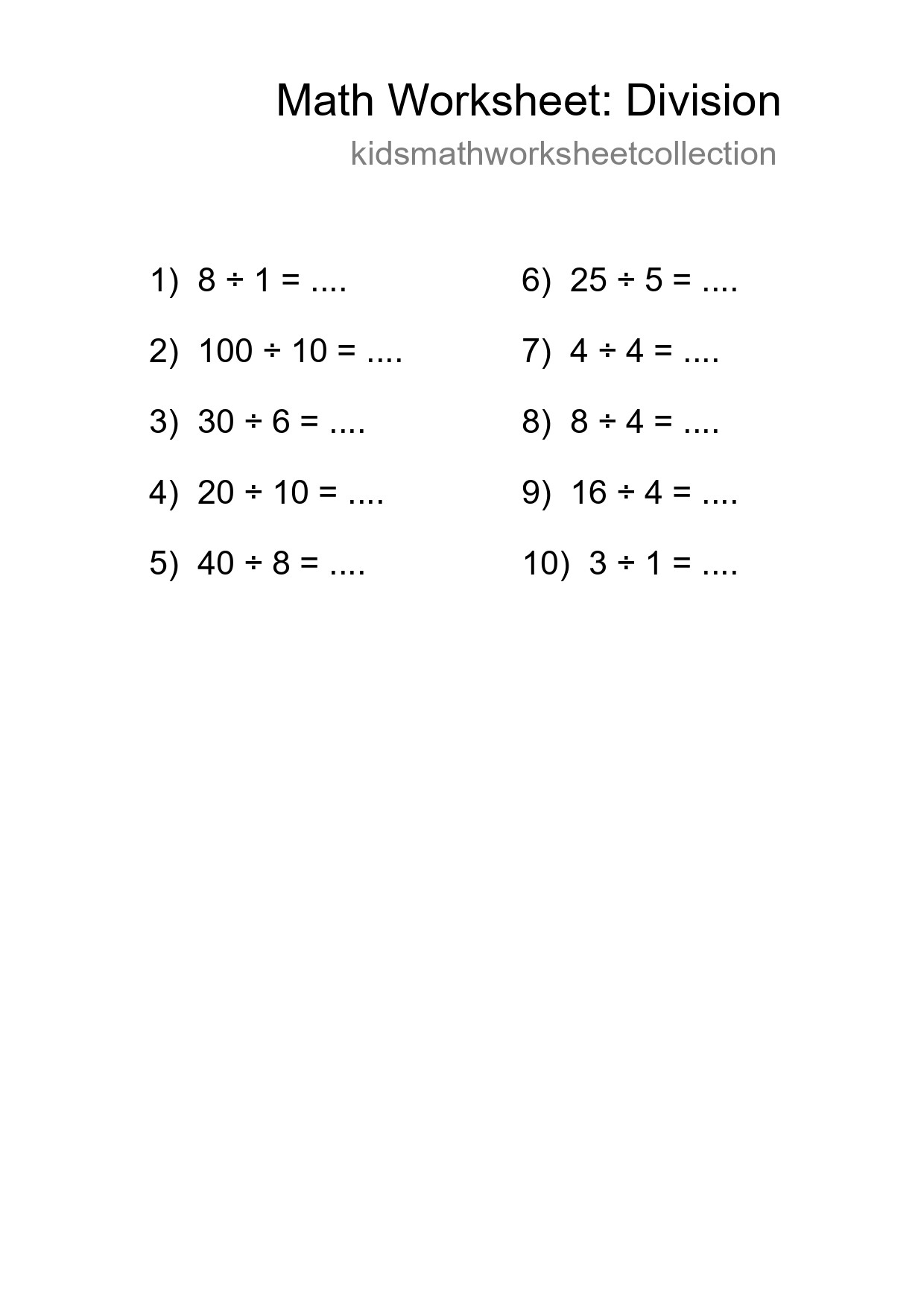 Printable Free 10 Division Math Worksheet For Grade 1 - Part 202