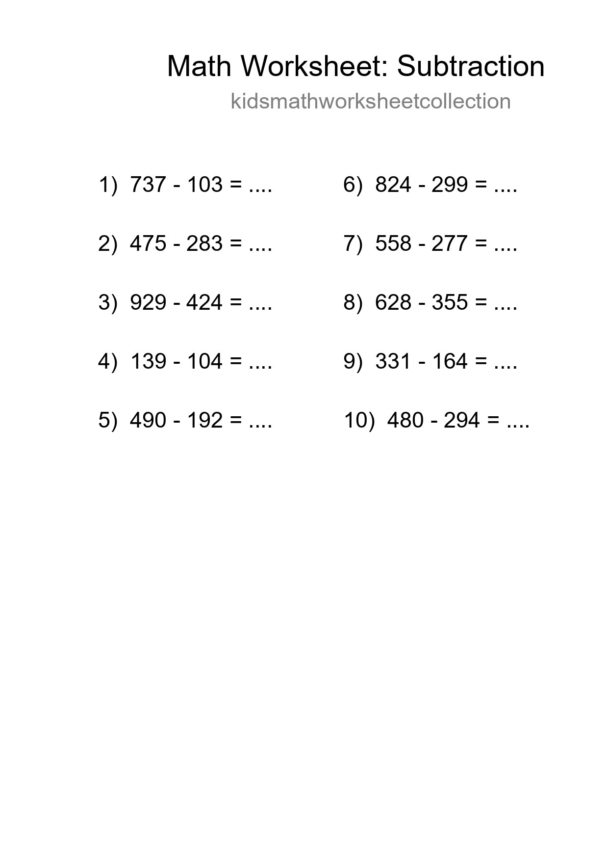 Printable Free 10 Subtraction Math Worksheet For Grade 5 - Part 118