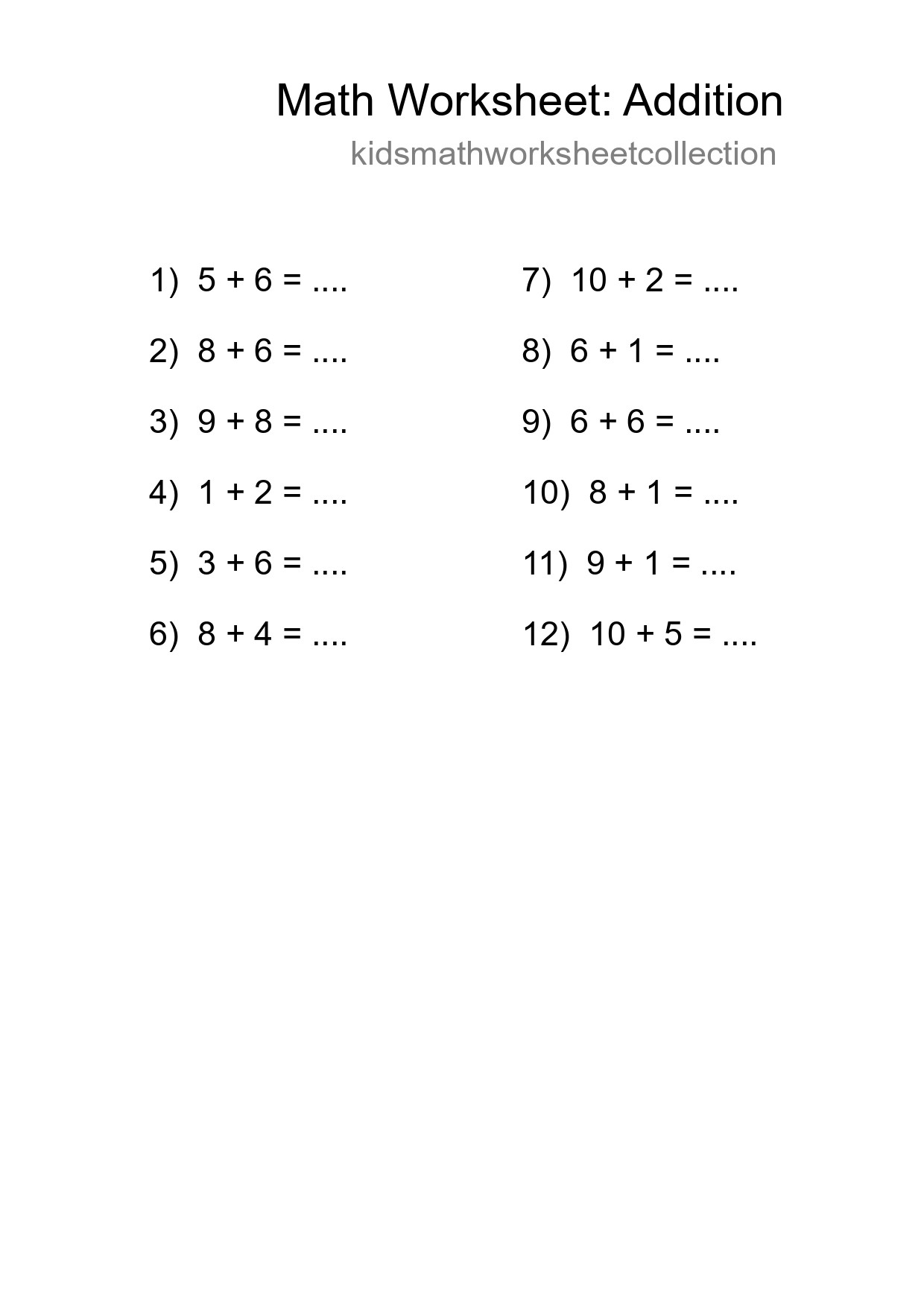 Printable Free 12 Addition Math Worksheet For Grade 1 - Part 188