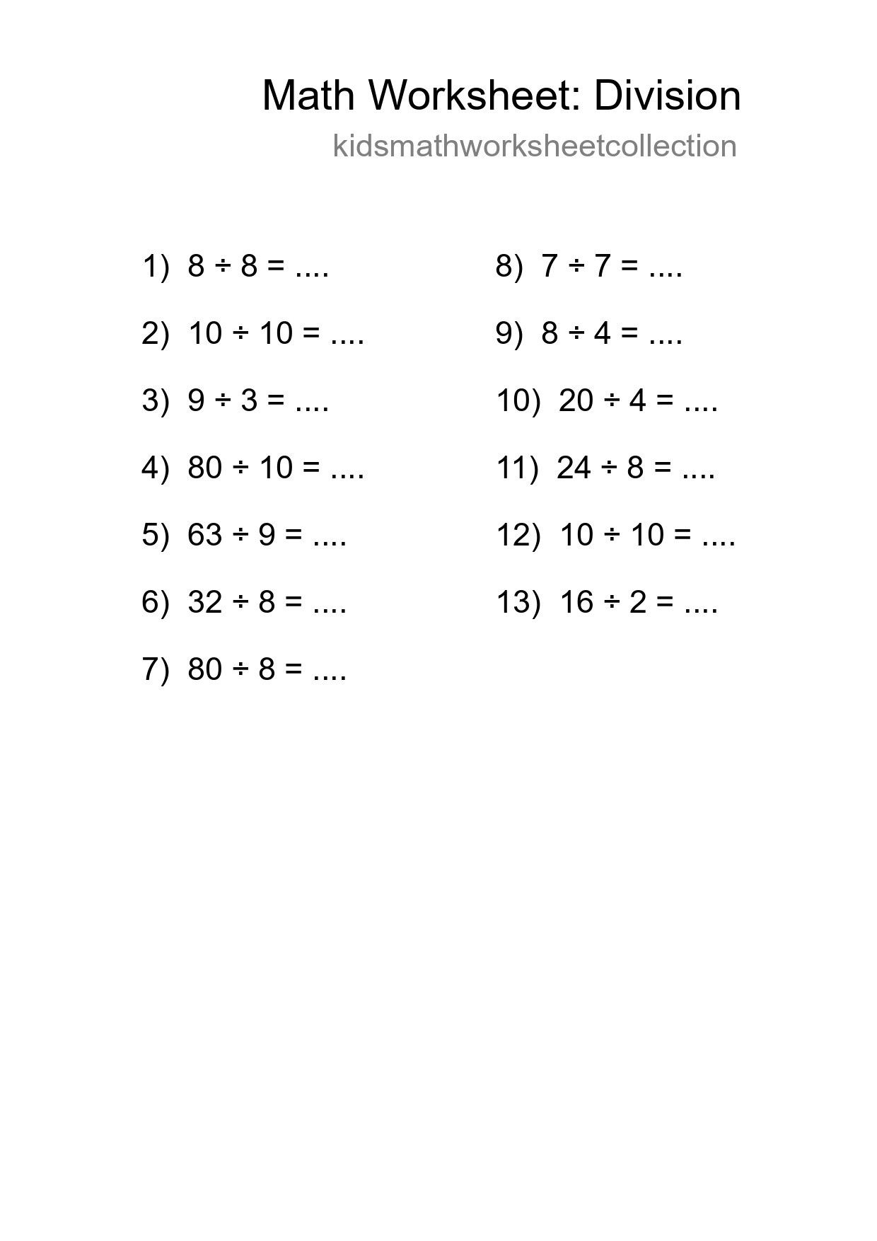 Printable Free 13 Division Math Worksheet For Grade 1 - Part 147
